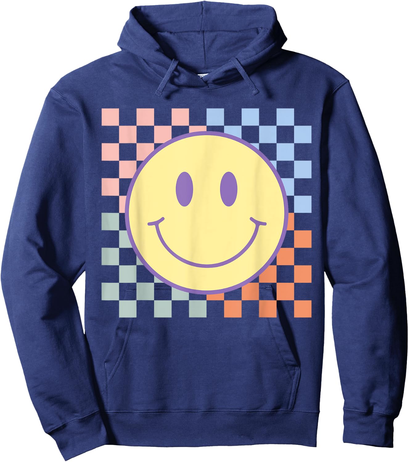 Retro Happy Face Shirt Checkered Pattern Smile Face Trendy Hoodie - Hoodie | Navy