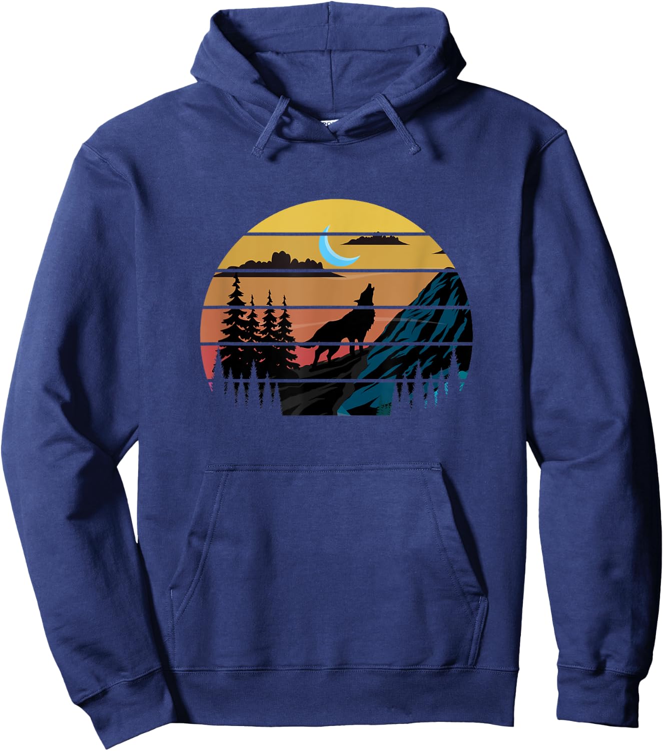 Retro Wolf Mountains Moon | Forest Nature | Wildlife Hoodie - Hoodie | Navy
