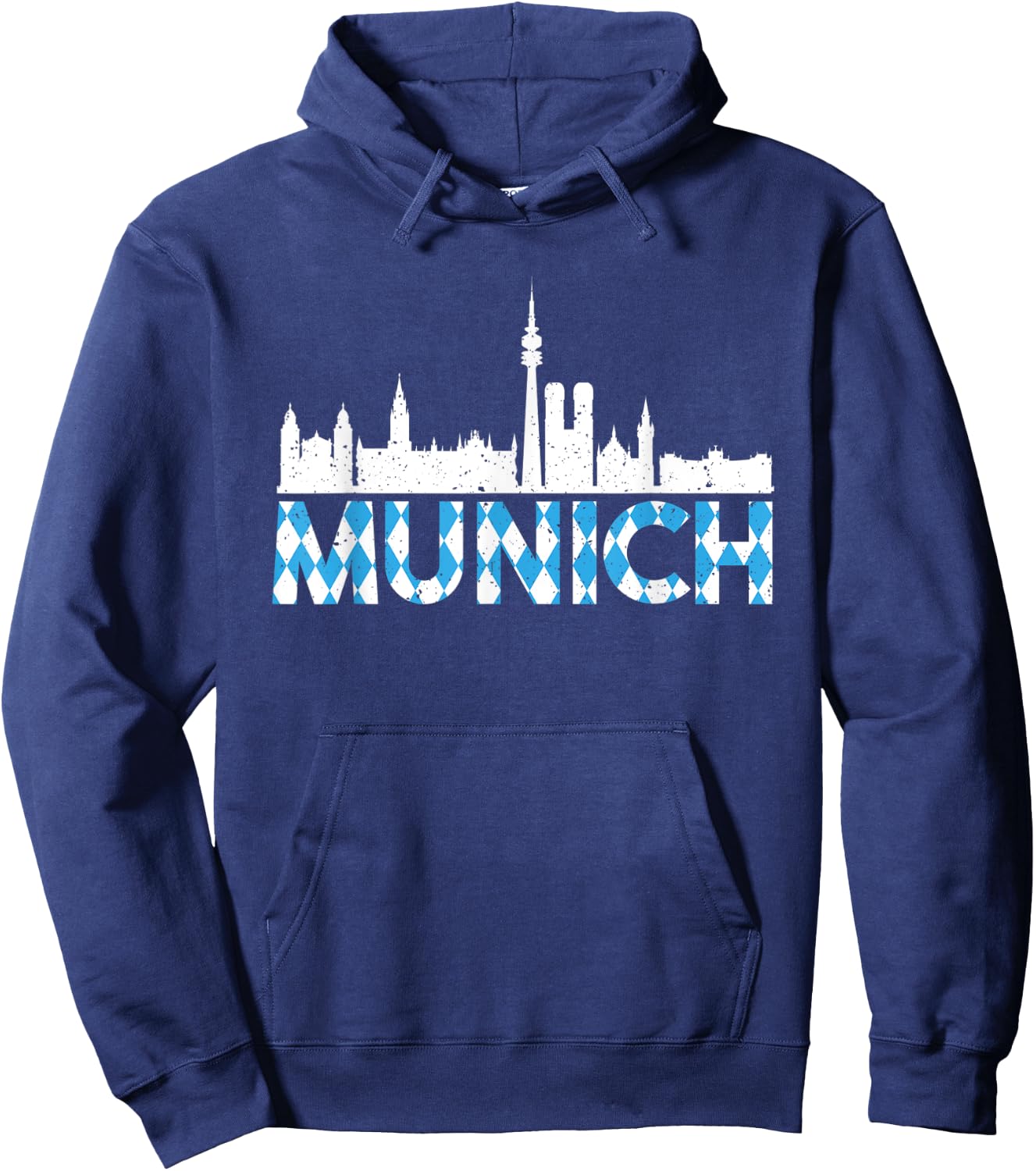 Vintage Munich Germany Skyline With Traditional Bavaria Flag Hoodie - Hoodie | Navy