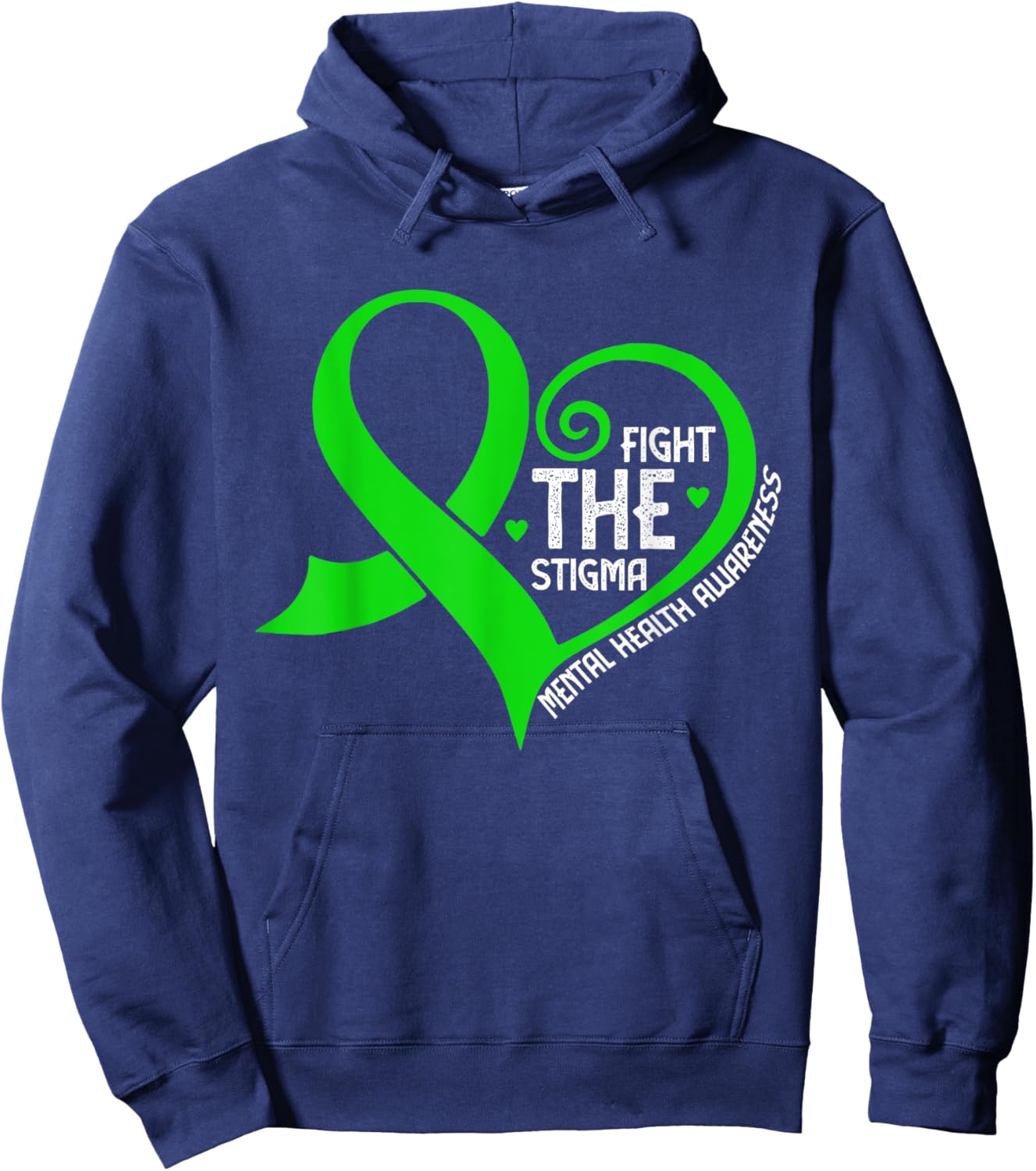 Fight the Stigma Heart Green Ribbon Mental Health Awareness Hoodie - Hoodie | Navy
