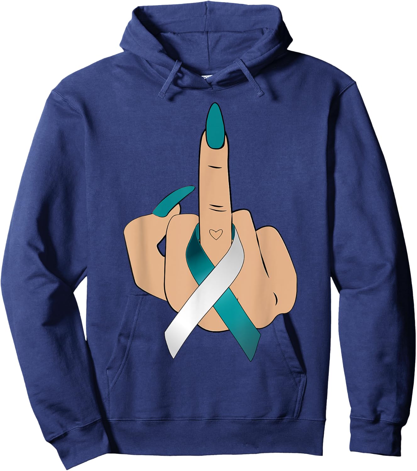 Middle Finger Woman Teal White Ribbon Cervical Cancer Women Hoodie - Hoodie | Navy