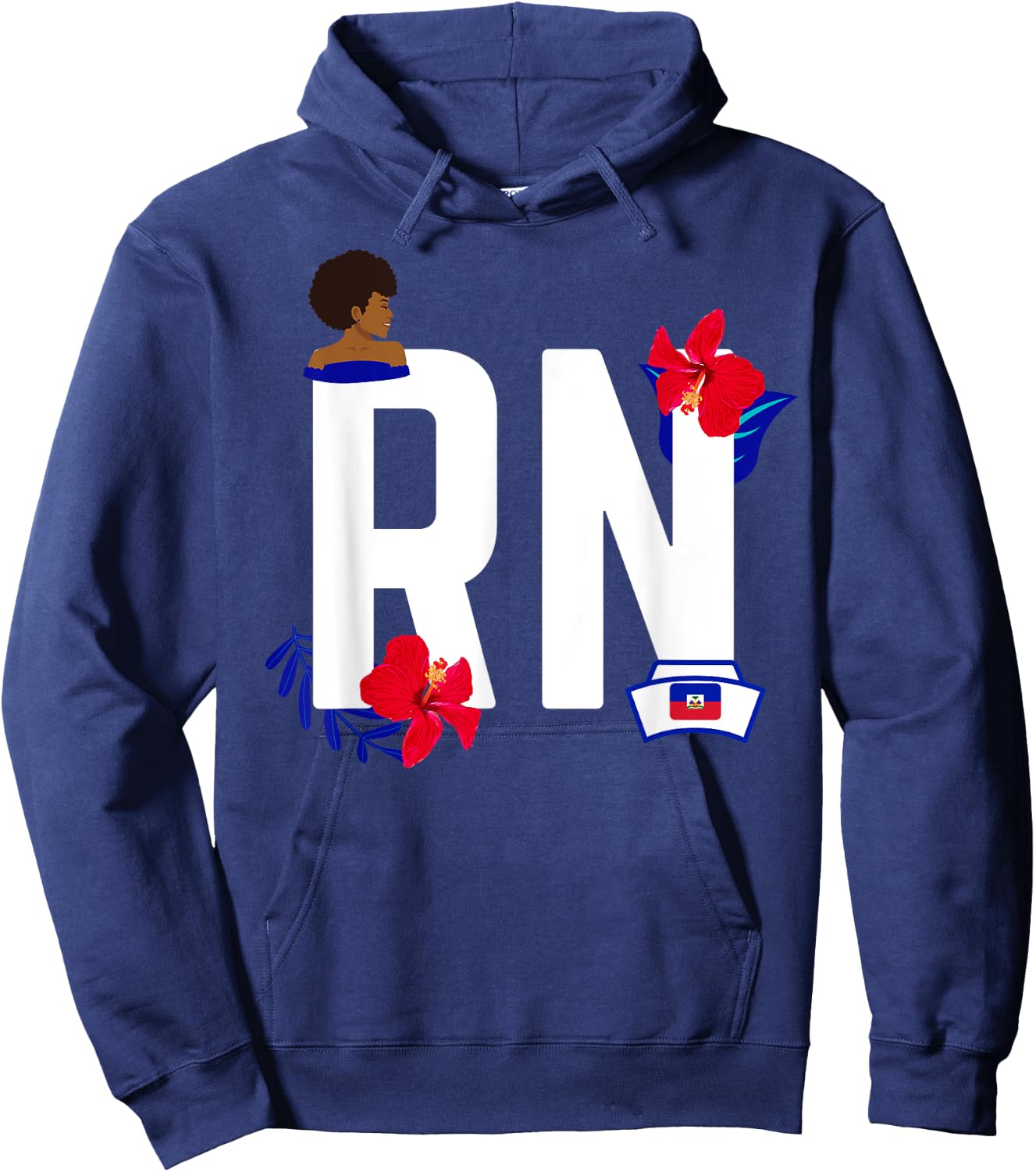 Haitian Nurse RN Haiti Flag Pride Hibiscus Haitian Heritage Hoodie - Hoodie | Navy