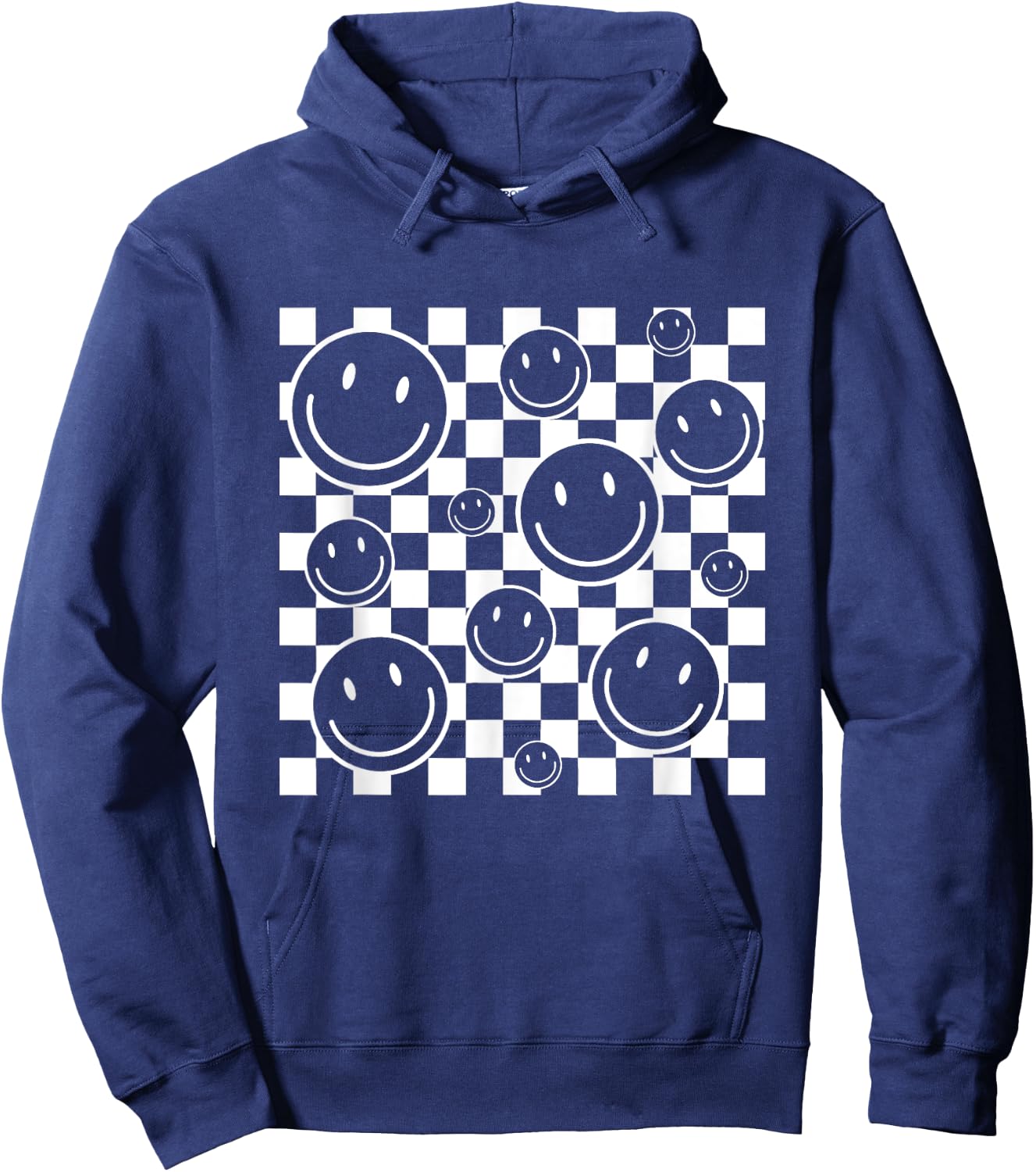 Retro Happy Face Checkered Flag Pattern Men Kids Hoodie - Hoodie | Navy
