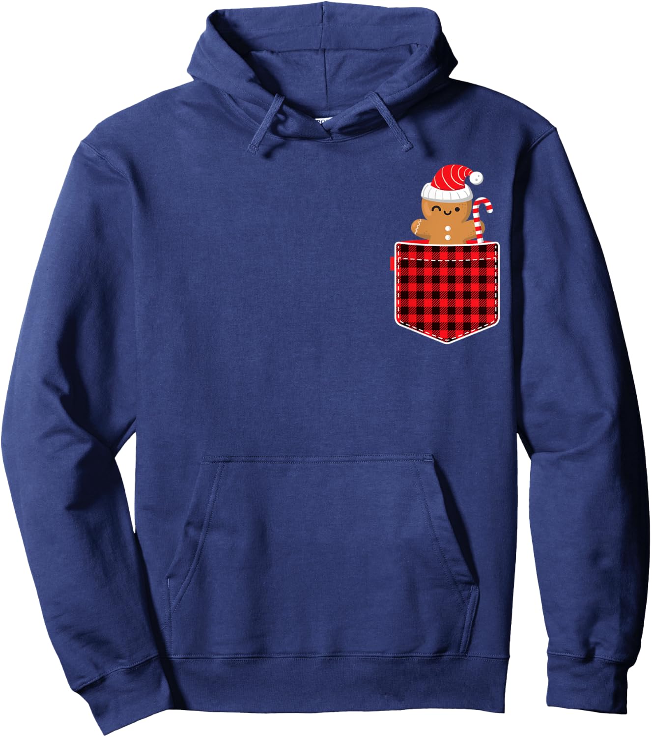 Red Plaid Gingerbread Cookie in Pocket Buffalo Christmas Hoodie - Hoodie | Navy