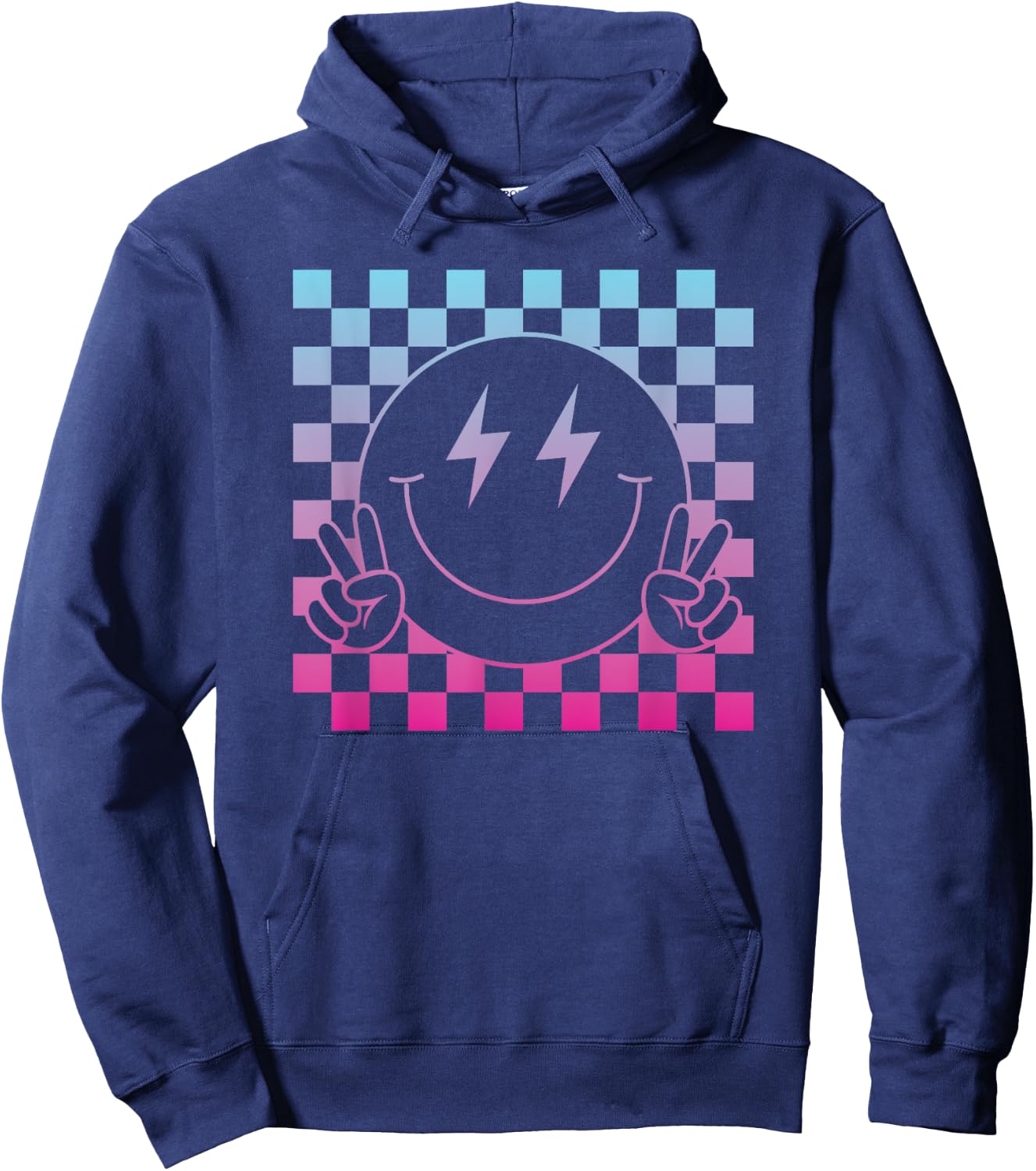 Lightning Eyes Smile Face Shirt Cute Checkered Smiling Happy Hoodie - Hoodie | Navy