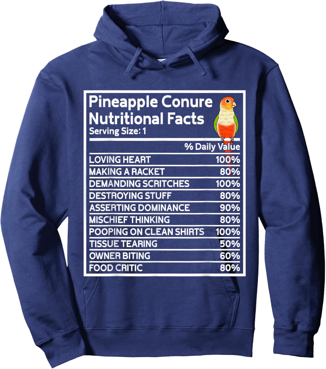 Parrot Nutritional Facts I Green Cheek Pineapple Conure Hoodie - Hoodie | Navy