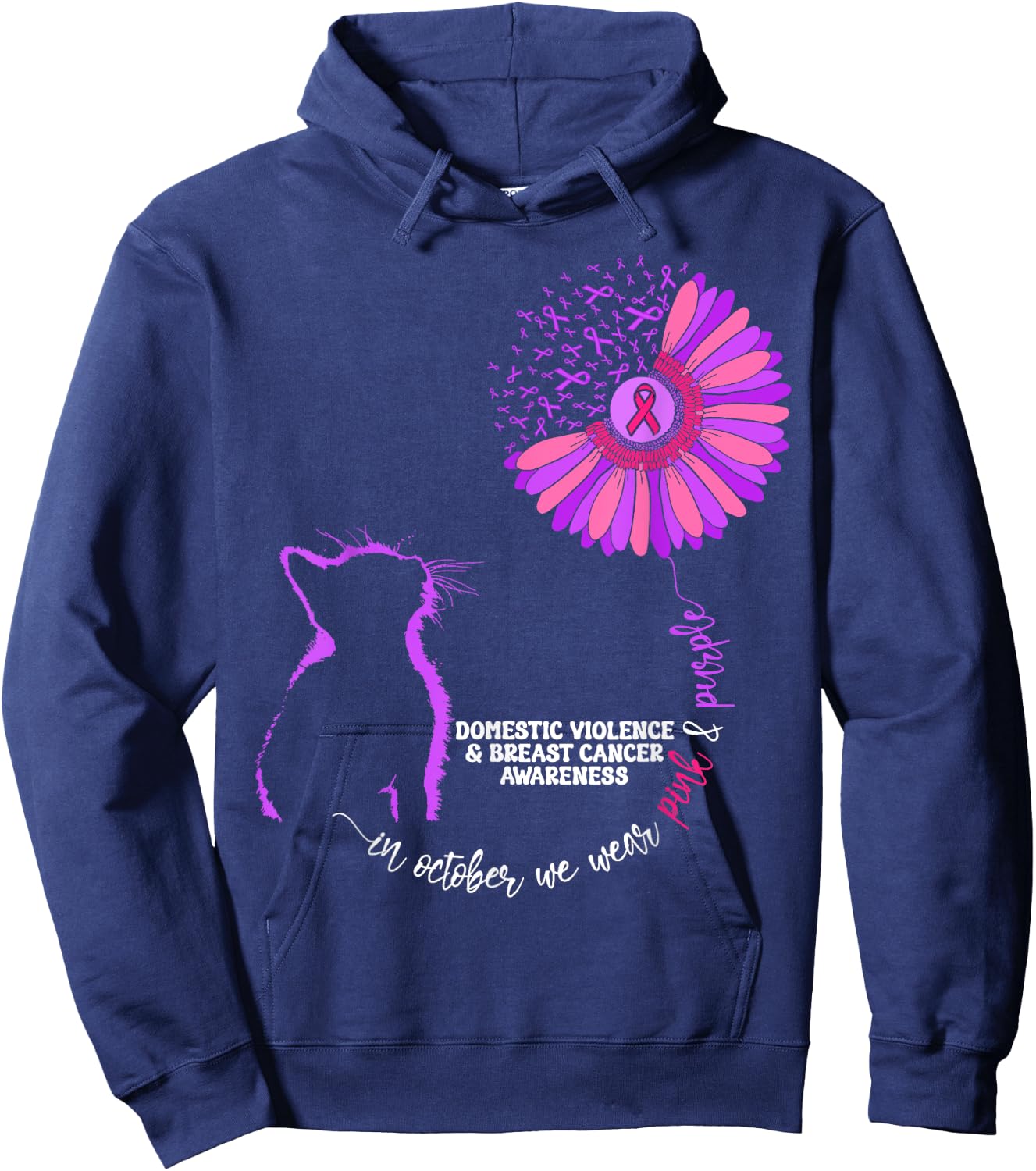 Cat Domestic Violence And Breast Cancer Awareness Groovy Men Women Girls Kids Hoodie - Hoodie | Navy