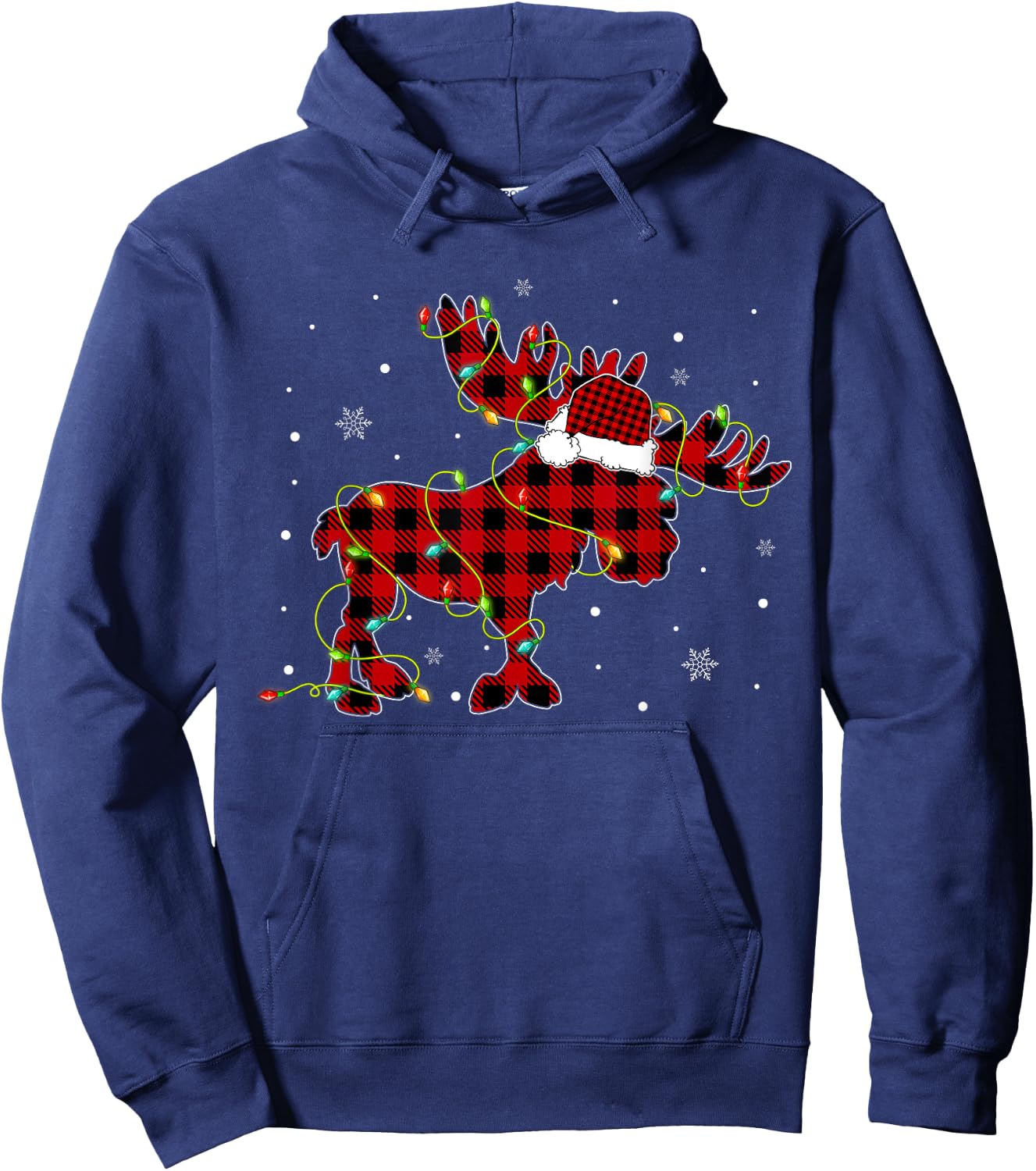 Red Buffalo Plaid Moose Santa Hat Christmas Tree Lights Xmas Hoodie - Hoodie | Navy