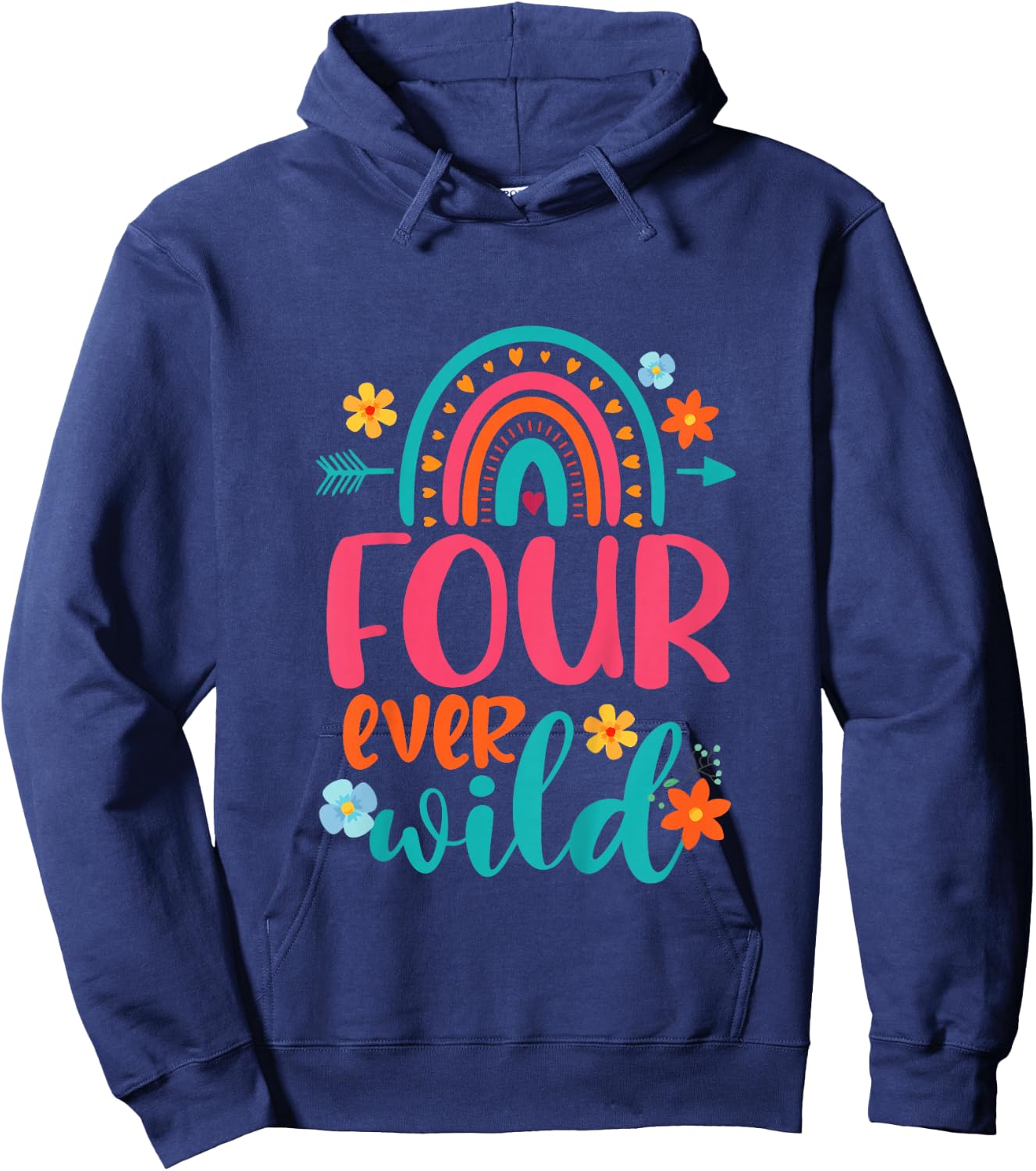 Four Ever Wild 4th Birthday Girl Rainbow Fourth Birthday Hoodie - Hoodie | Navy