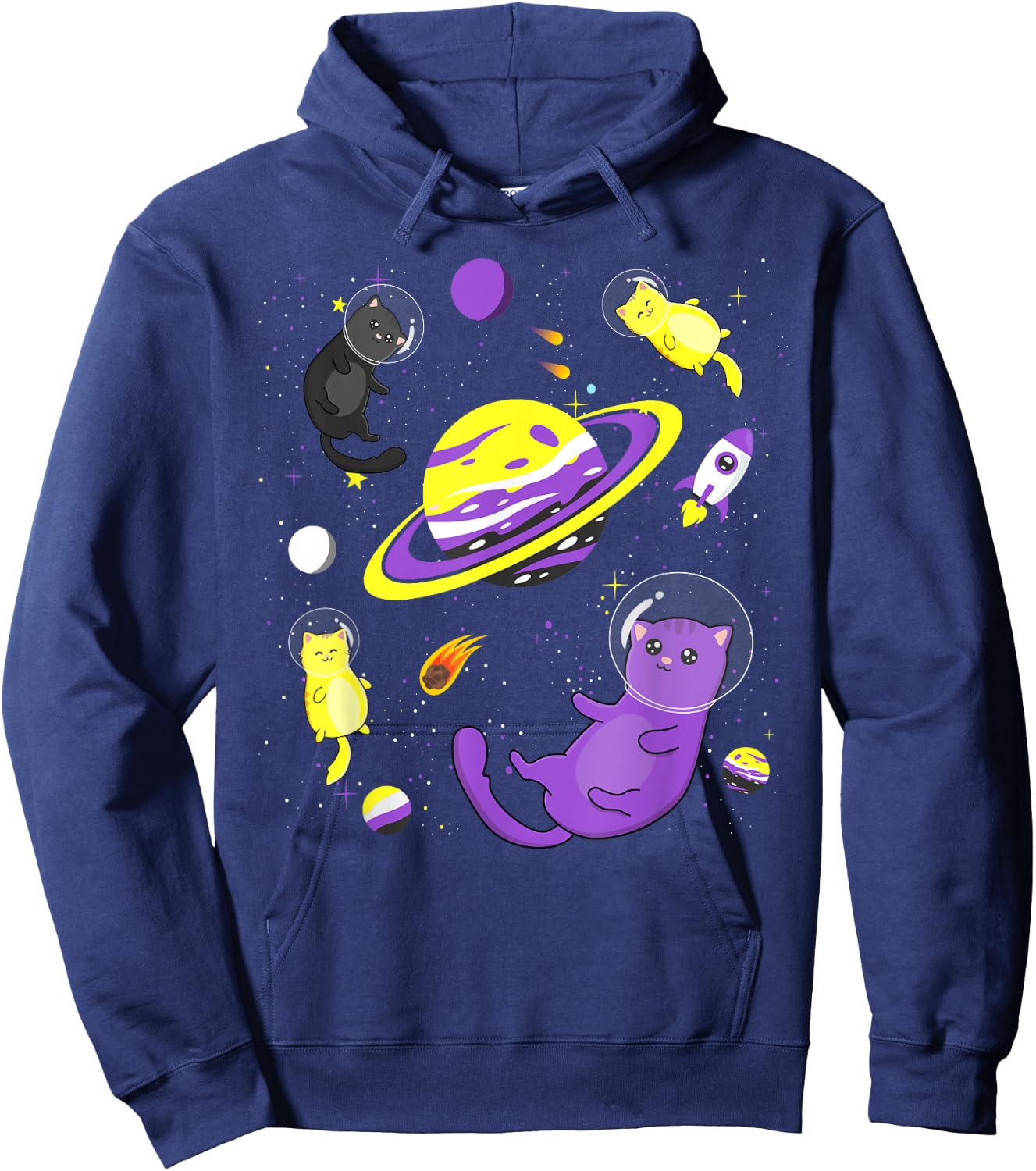 Funny Cat In Space Non-Binary Flag Agender Genderqueer Pride Women Hoodie - Hoodie | Navy