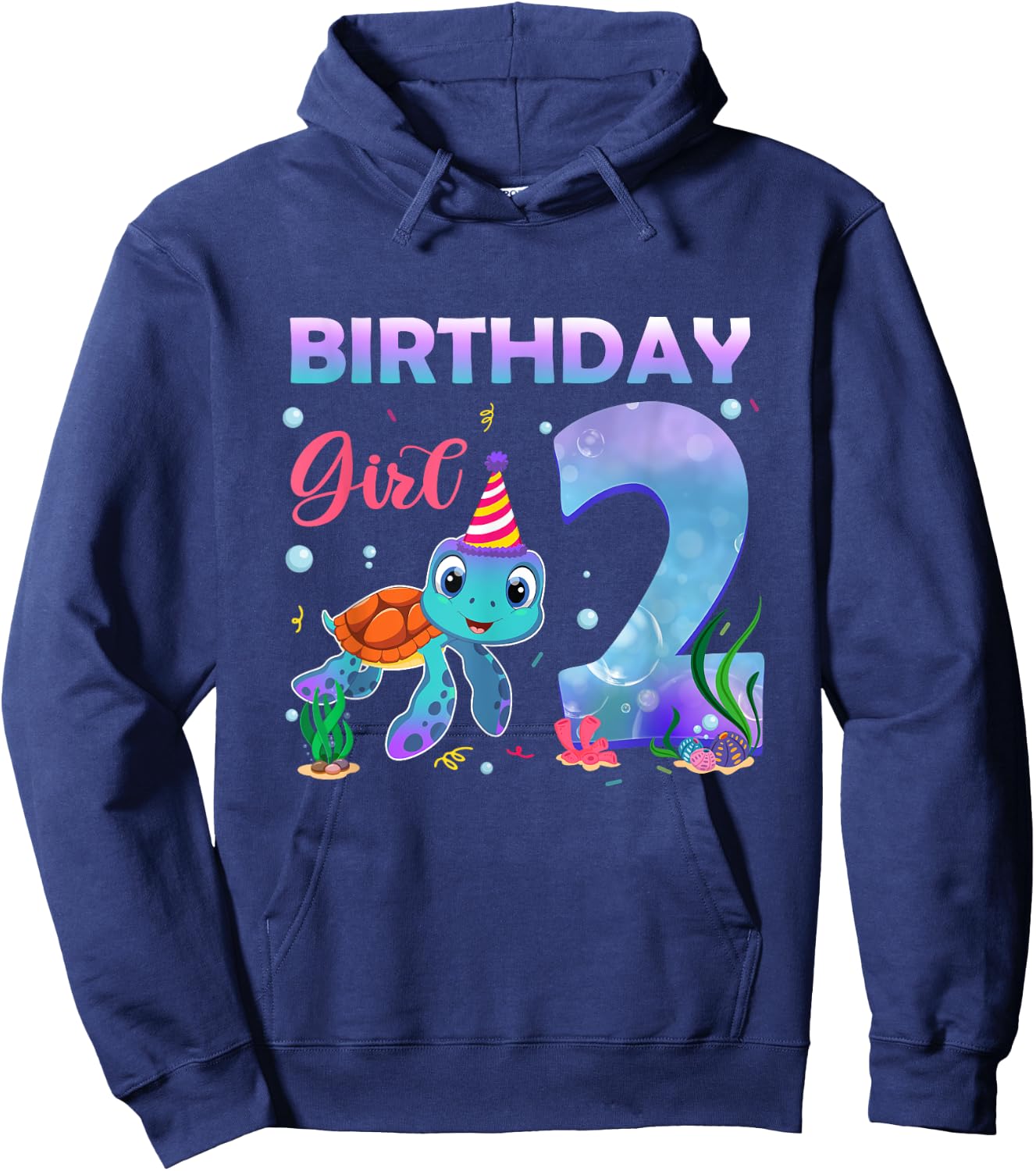 2ND Birthday Girl Sea Turtle 2 Year Old Ocean Aquarium Girls Hoodie - Hoodie | Navy