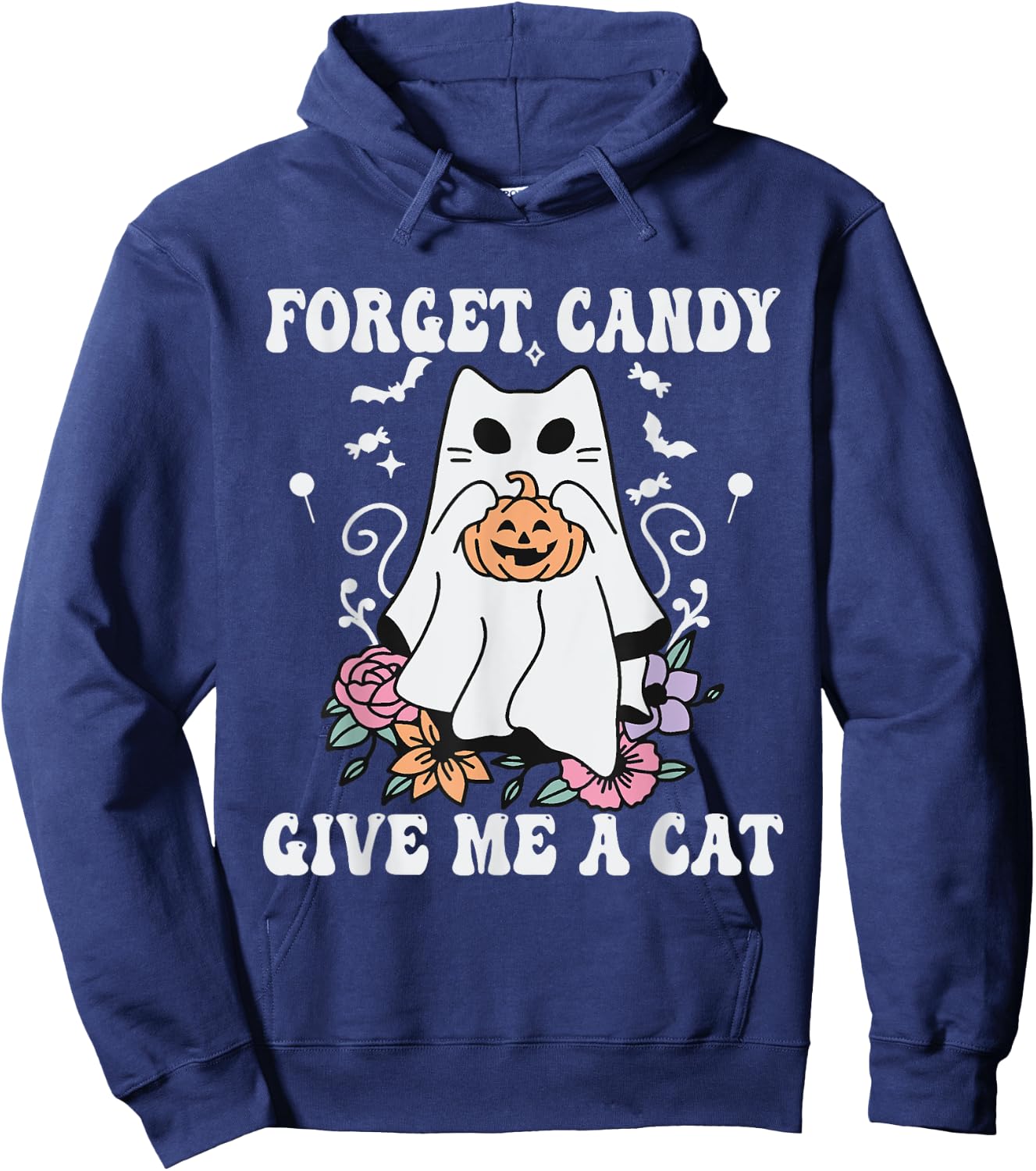Floral Ghost Cat Halloween Forget Candy Give Me Cat Hoodie - Hoodie | Navy