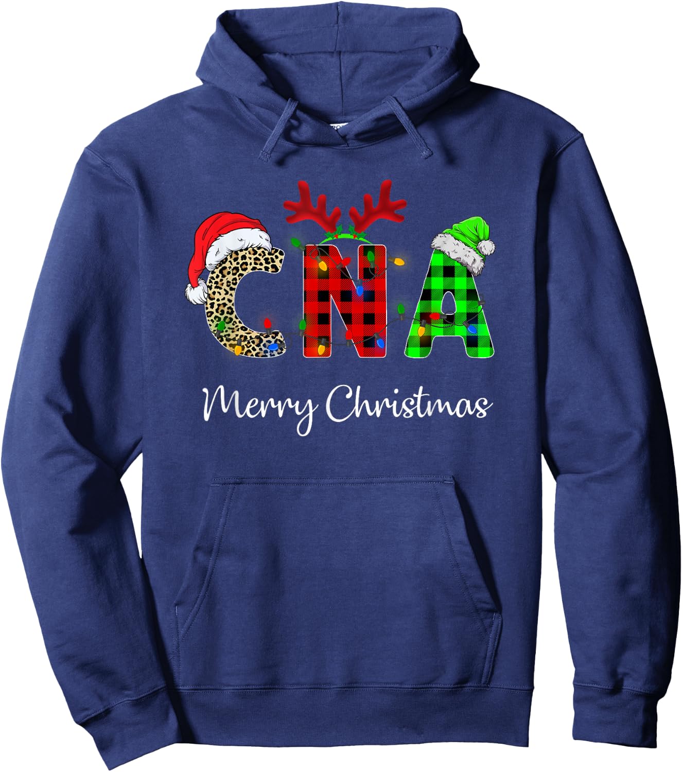 Leopard Red Plaid CNA Nursing Santa Hat Reindeer Christmas Hoodie - Hoodie | Navy