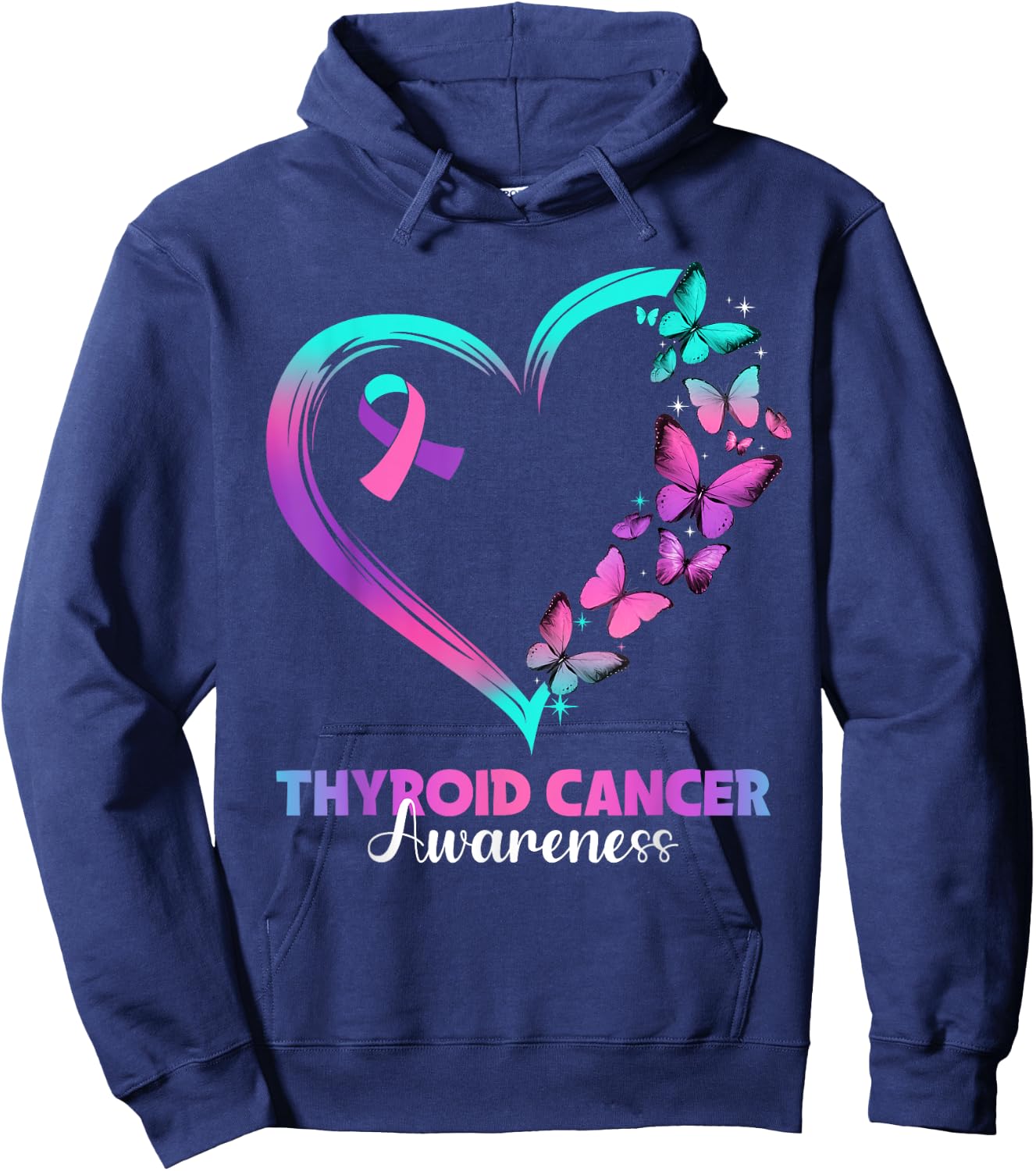Butterfly Heart Ribbon Thyroid Cancer Awareness Warrior Hoodie - Hoodie | Navy