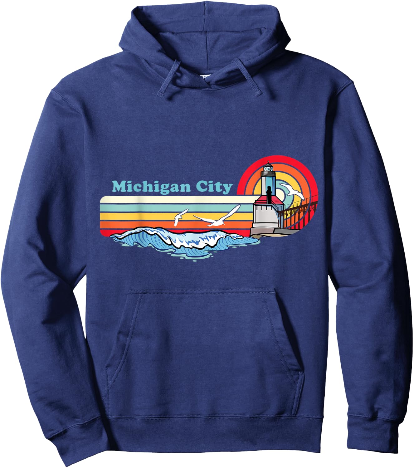 Michigan City Indiana Retro Beach Design with Lighthouse Men Women Girls Kids Hoodie - Hoodie | Navy
