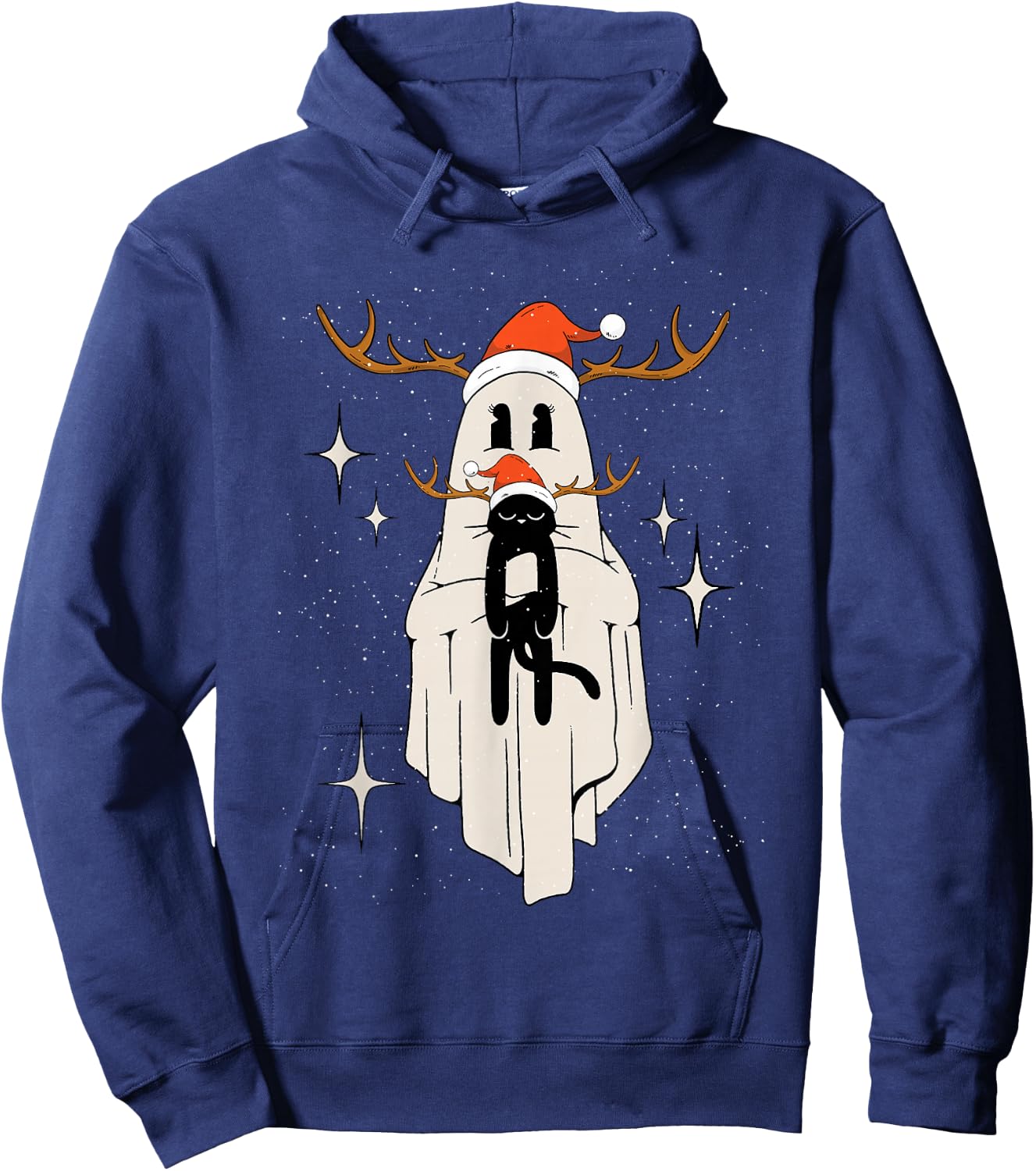 Cute Ghost with Santa Hat holding Black Cat - Kids Women Men Hoodie - Hoodie | Navy