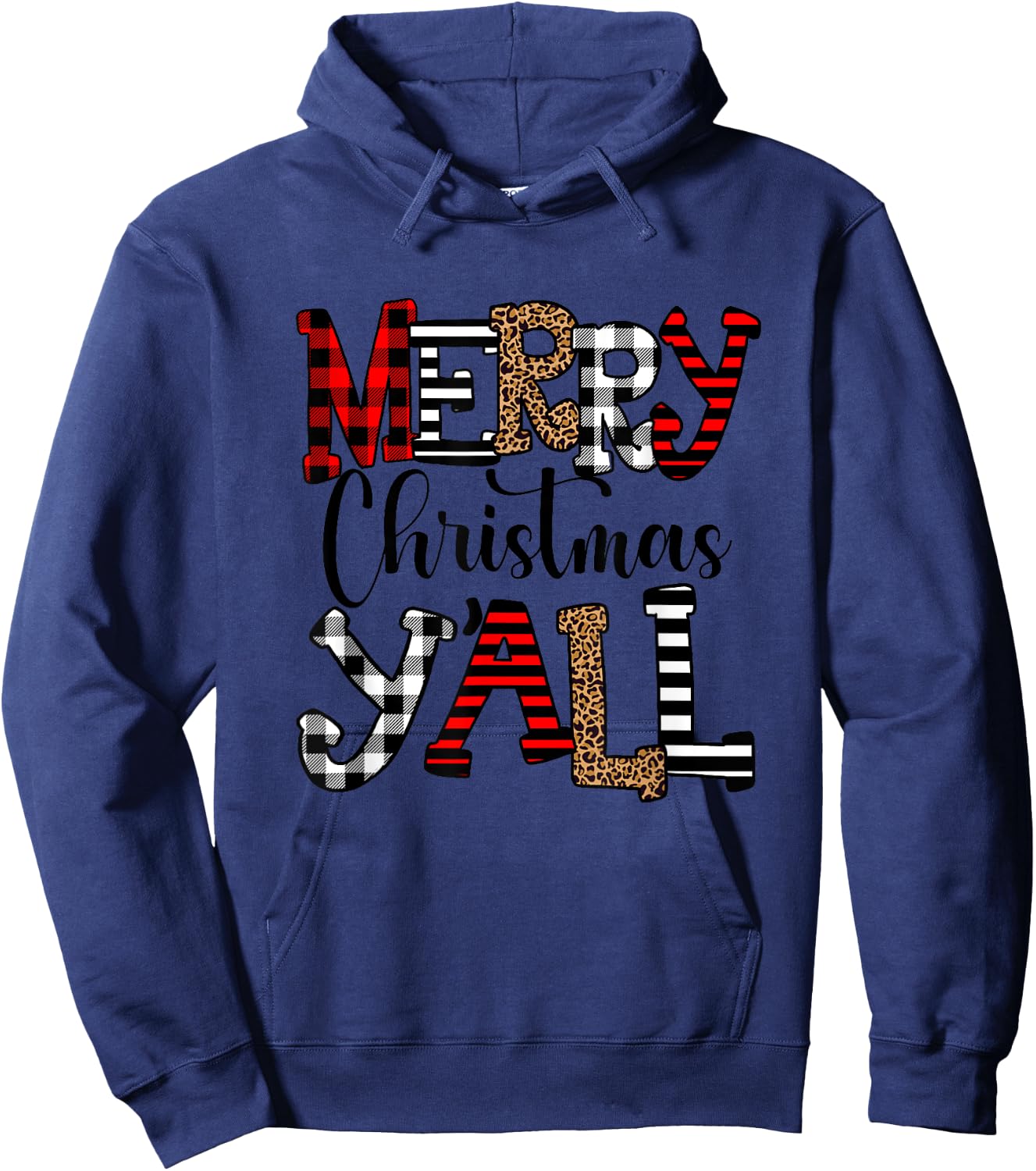 Western Country Merry Christmas Ya'll Leopard Buffalo Plaid Hoodie - Hoodie | Navy