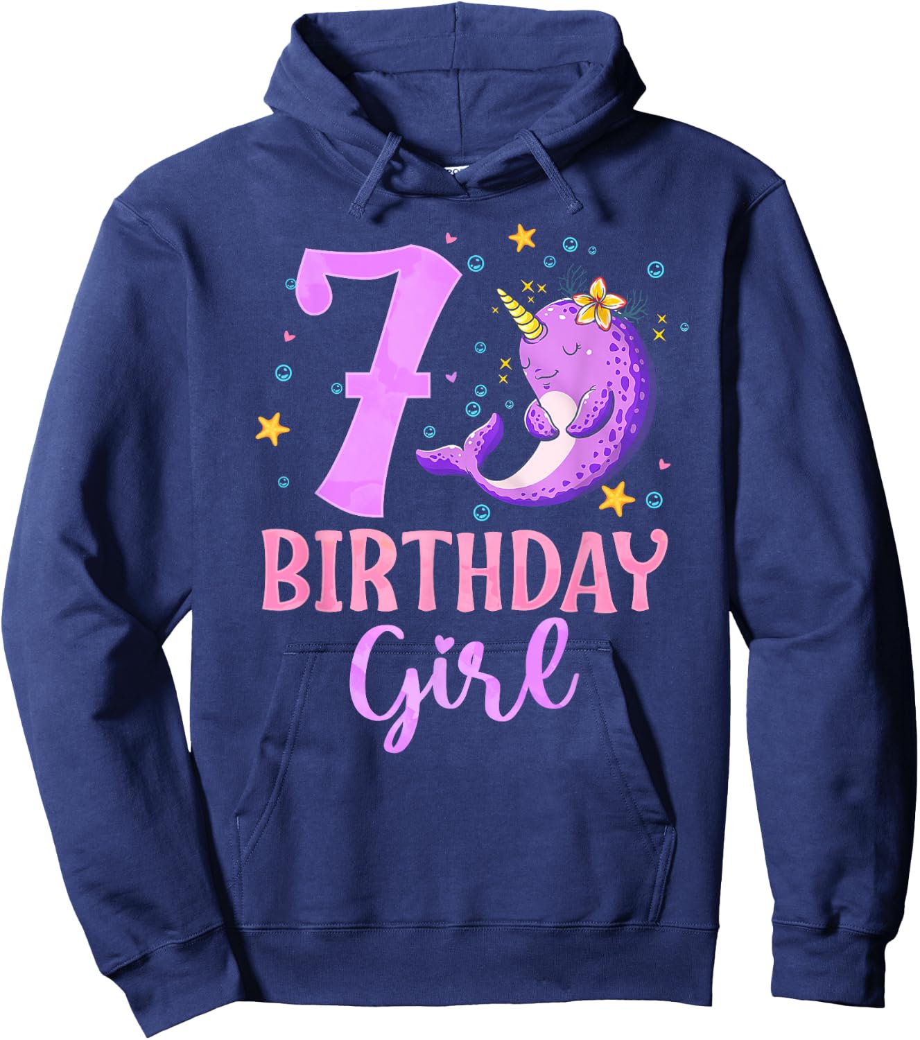 Narwhal Unicorn Of The Sea 7th Birthday Girl 7 Year Old Hoodie - Hoodie | Navy