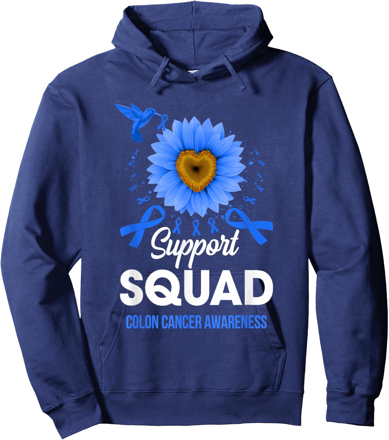 Support Squad Colon Cancer Awareness Sunflower Hummingbird Hoodie - Hoodie | Navy