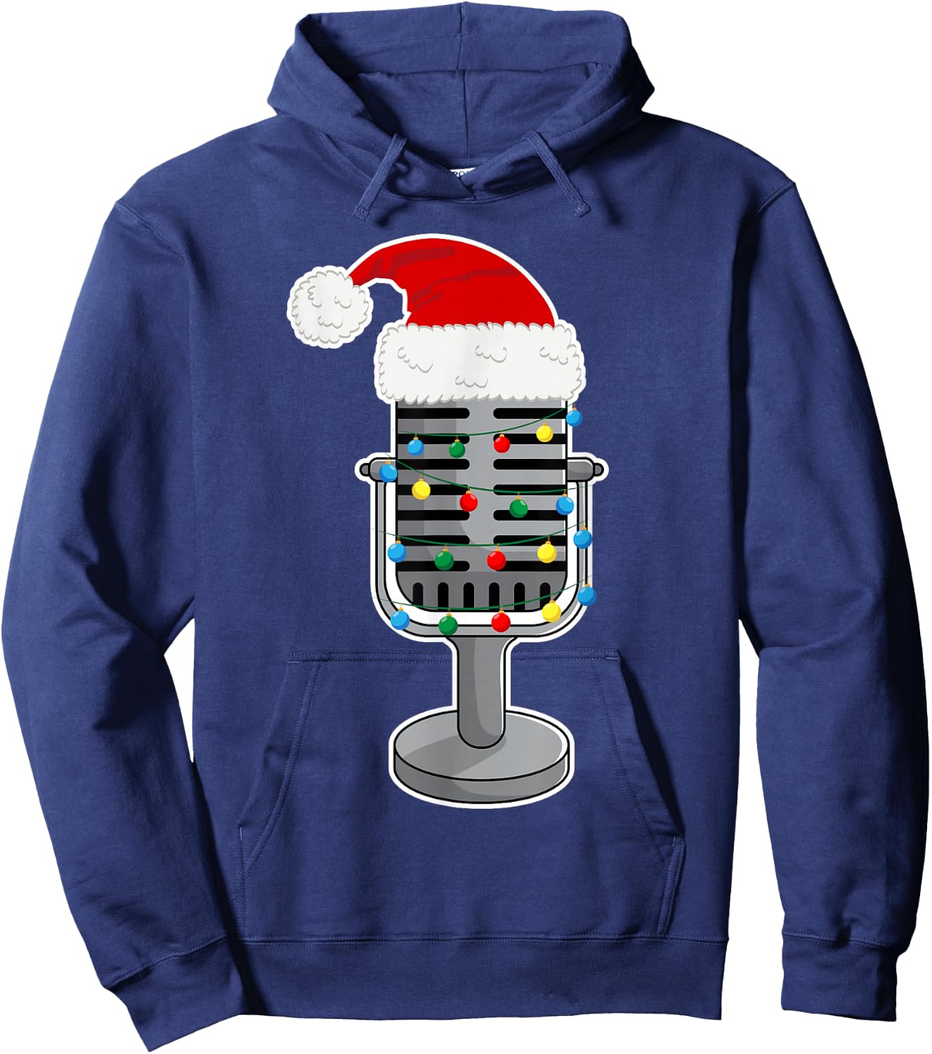 Christmas Lights Podcast Mic Wearing Xmas Hat Podcaster Hoodie - Hoodie | Navy