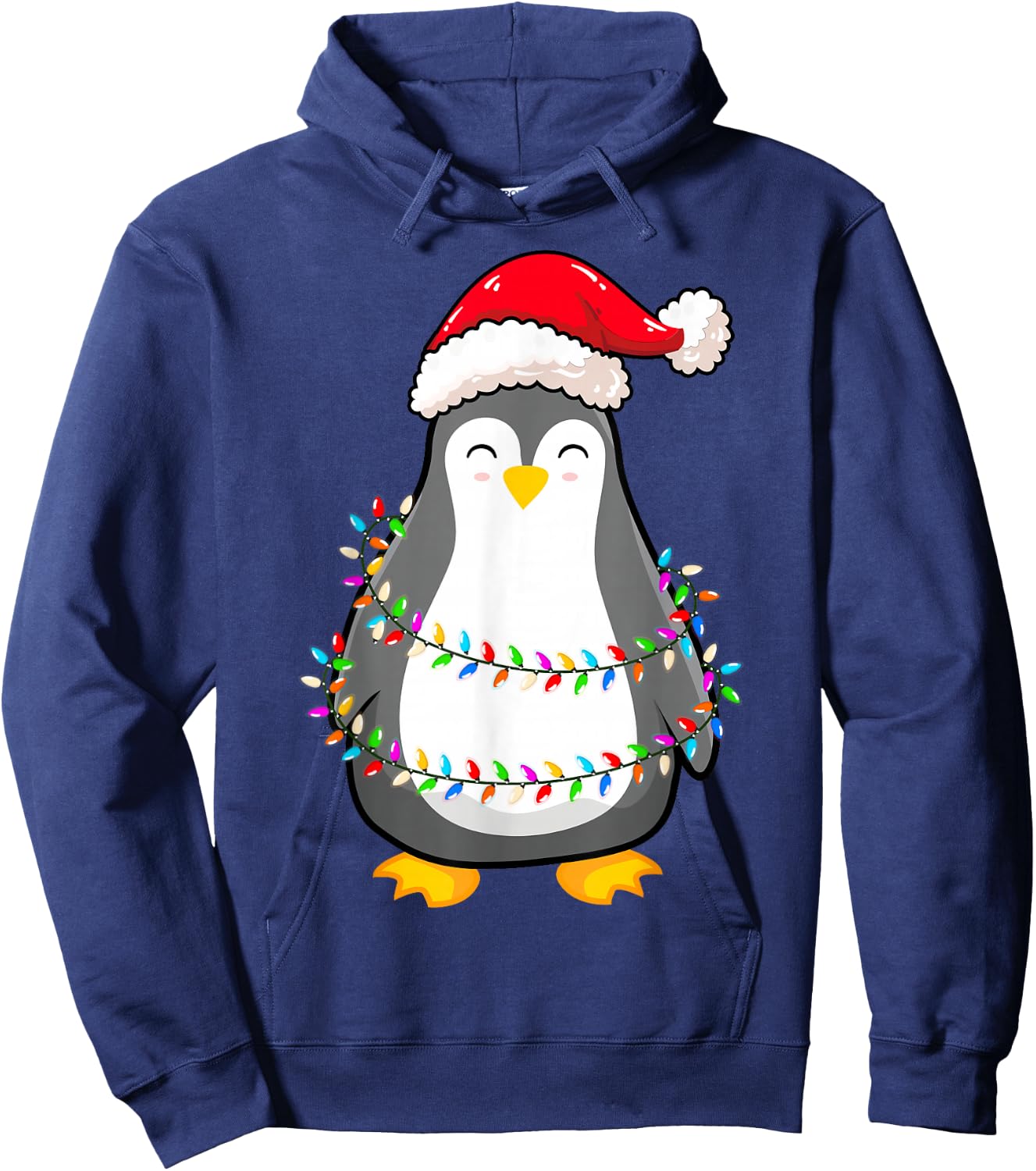 Christmas Lights Penguin Wearing Xmas Hat - Penguin Lover Hoodie - Hoodie | Navy