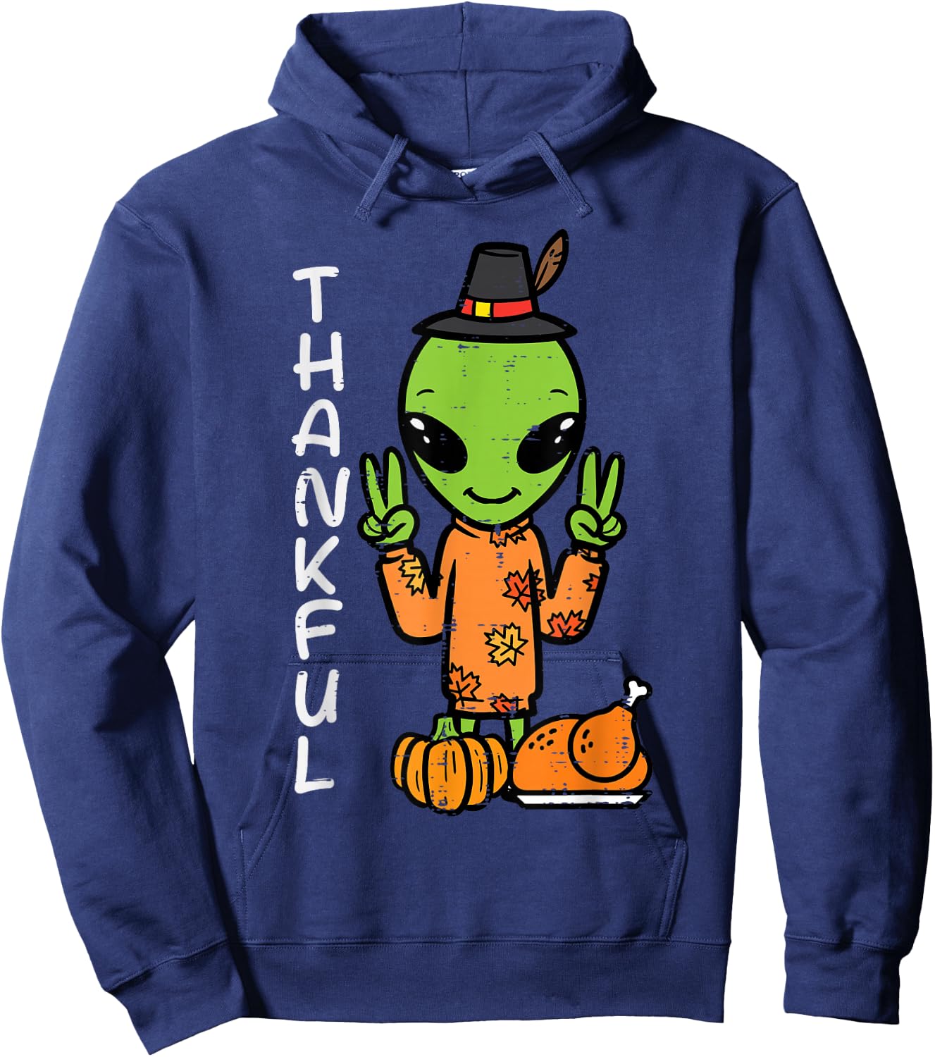 Thanksgiving Alien Peace Thankful Fall Space Kids Men Women Hoodie - Hoodie | Navy