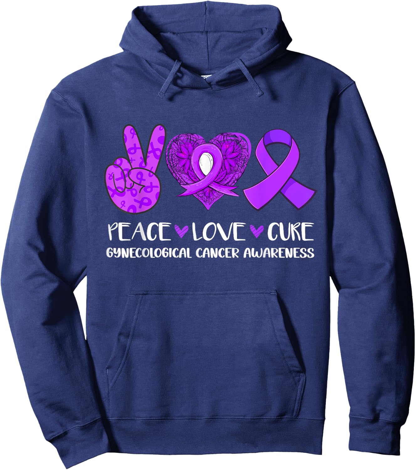 Peace Love Cure Gynecological Cancer Awareness Ribbon Fight Hoodie - Hoodie | Navy