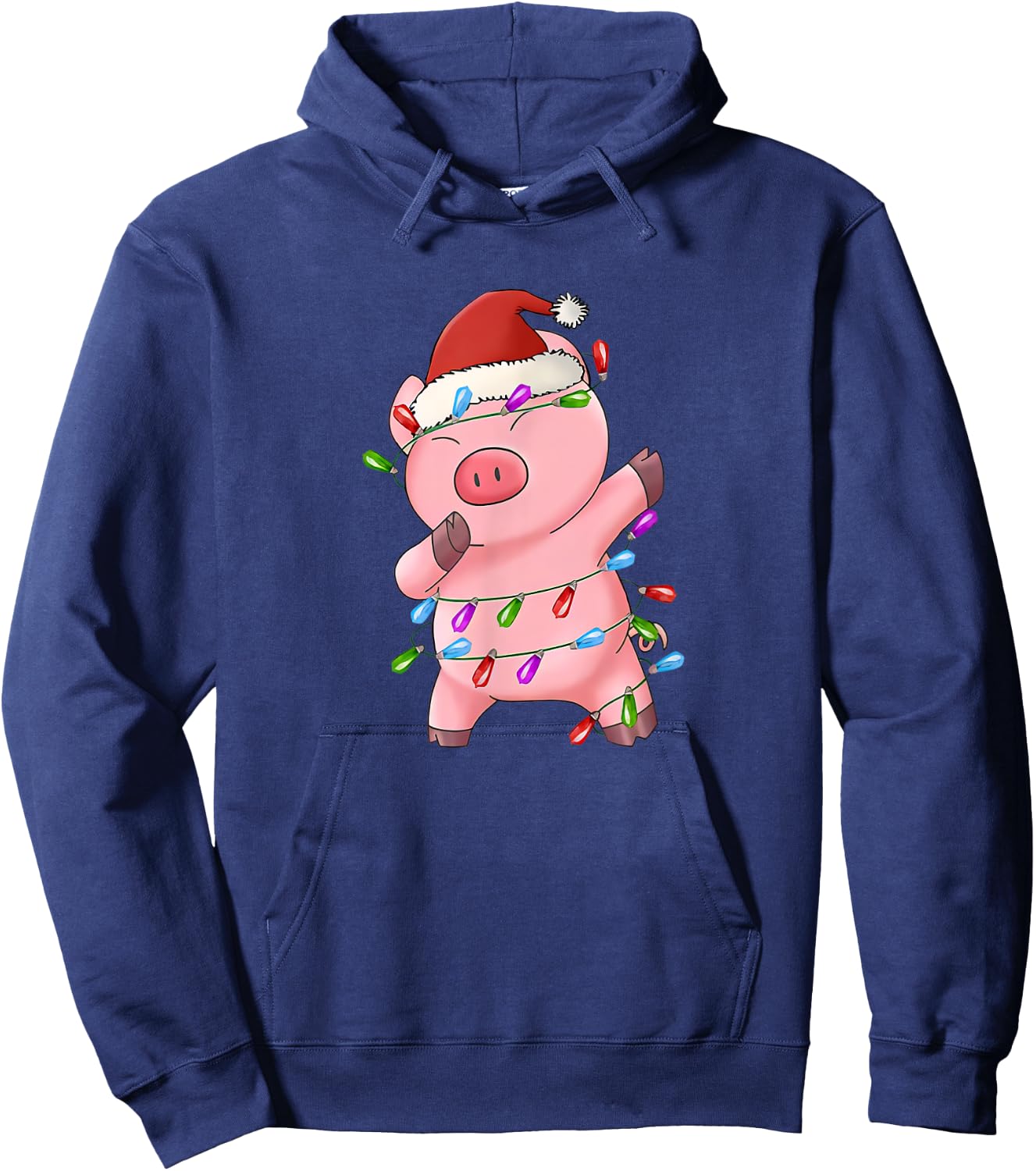 Dabbing Pig Santa Hat Christmas Tree Lights Funny Xmas Hoodie - Hoodie | Navy