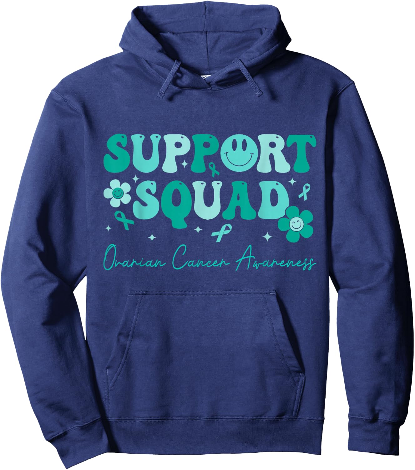 Groovy Support Squad Teal Ribbon Ovarian Cancer Awareness Hoodie - Hoodie | Navy