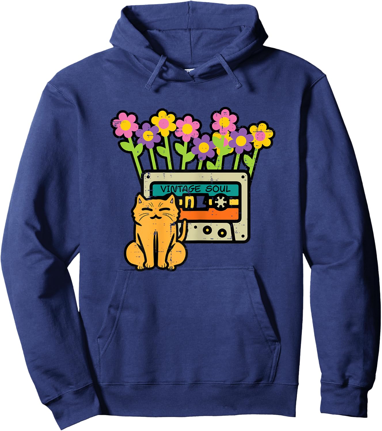 Cat Casette Tape Vintage Soul Flowers Retro Mom Women Girls Hoodie - Hoodie | Navy