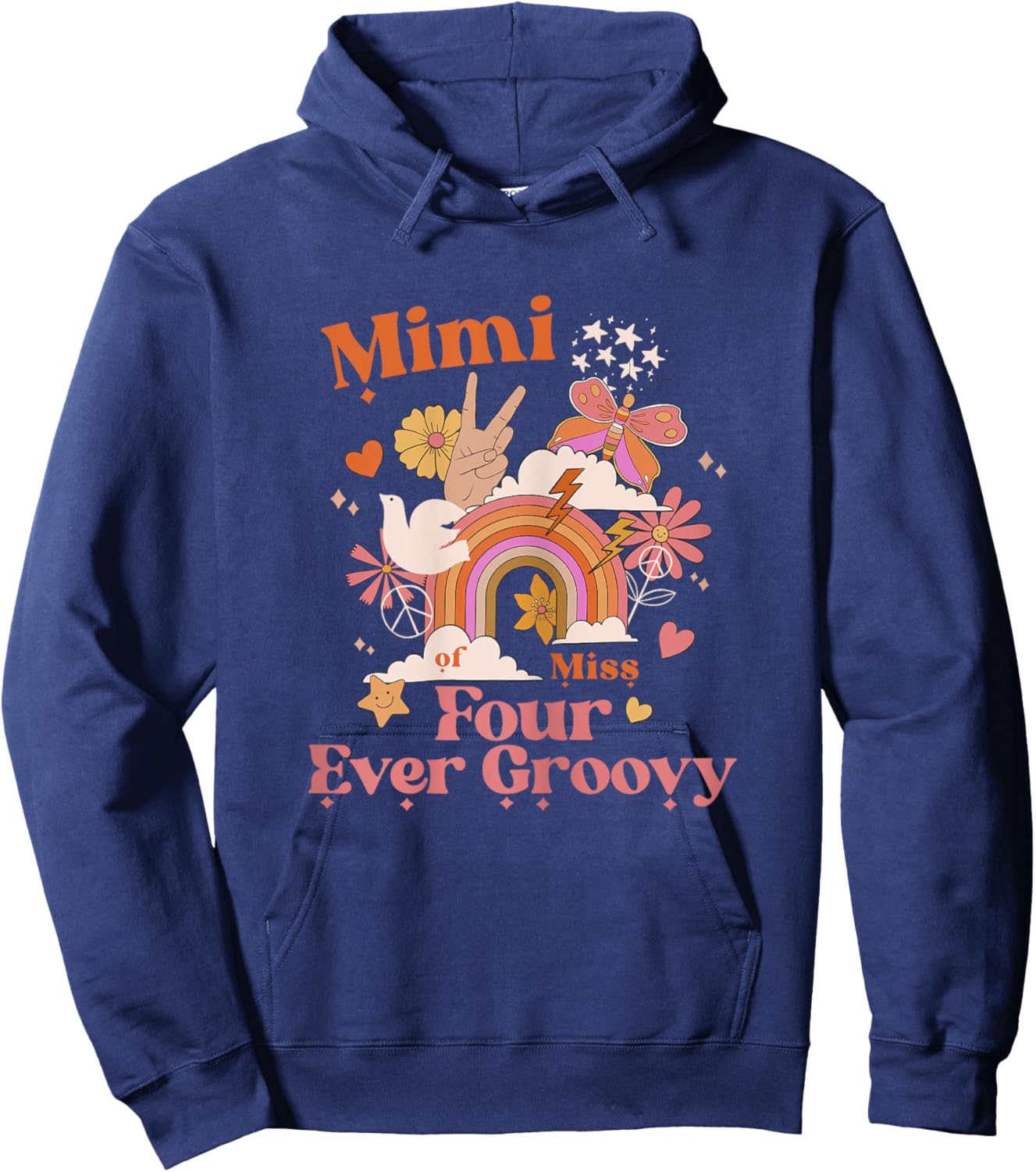 Mimi Mom 4th Birthday Four Ever Groovy Retro Bday Party Hoodie - Hoodie | Navy