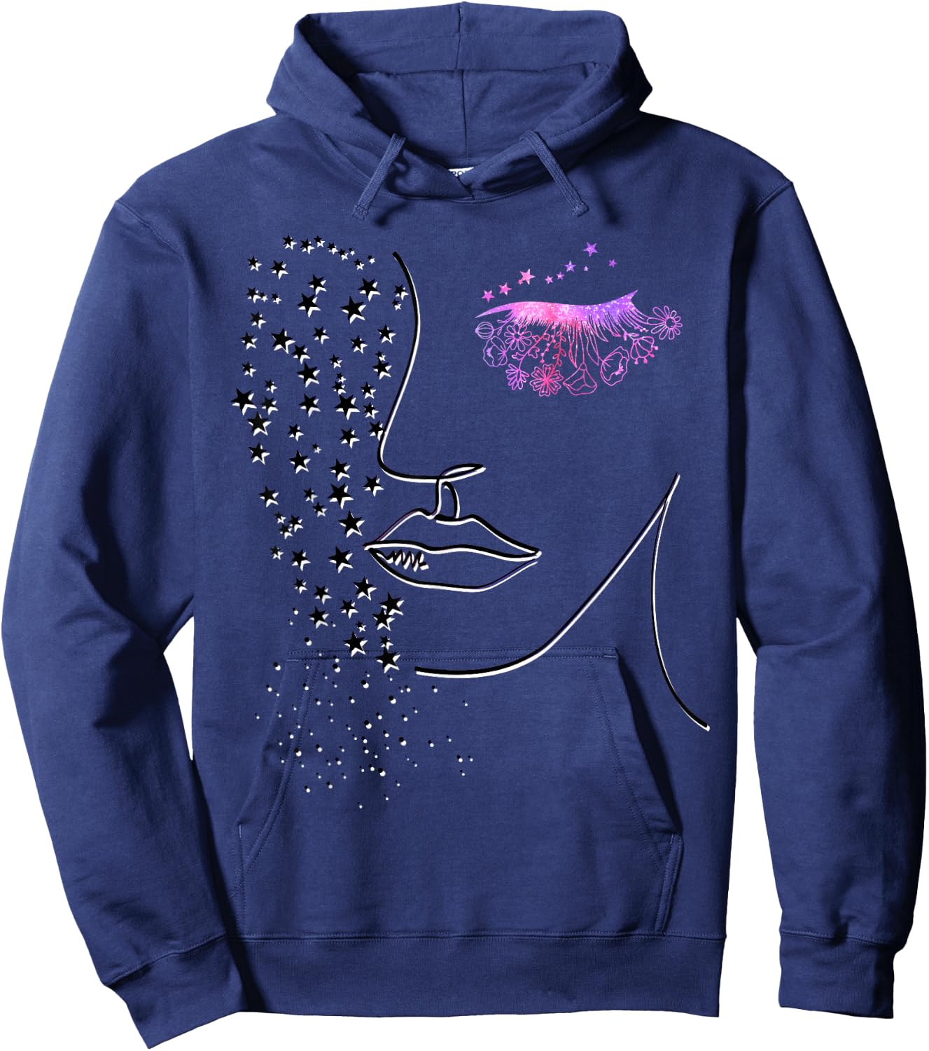 Female Minimalist Face Art - Pink Flower Eye Lashes & Stars Hoodie - Hoodie | Navy