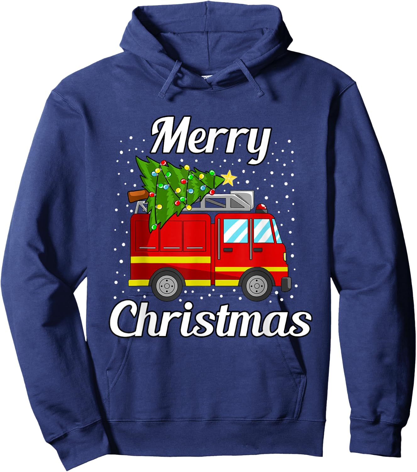 Merry Christmas Tree Firetruck Pajama Firefighter Fireman Hoodie - Hoodie | Navy