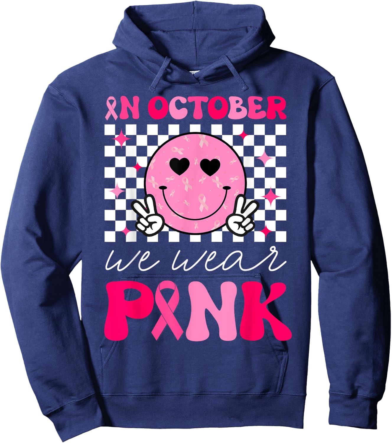 Groovy Breast Cancer Awareness In October We Wear Pink Hoodie - Hoodie | Navy