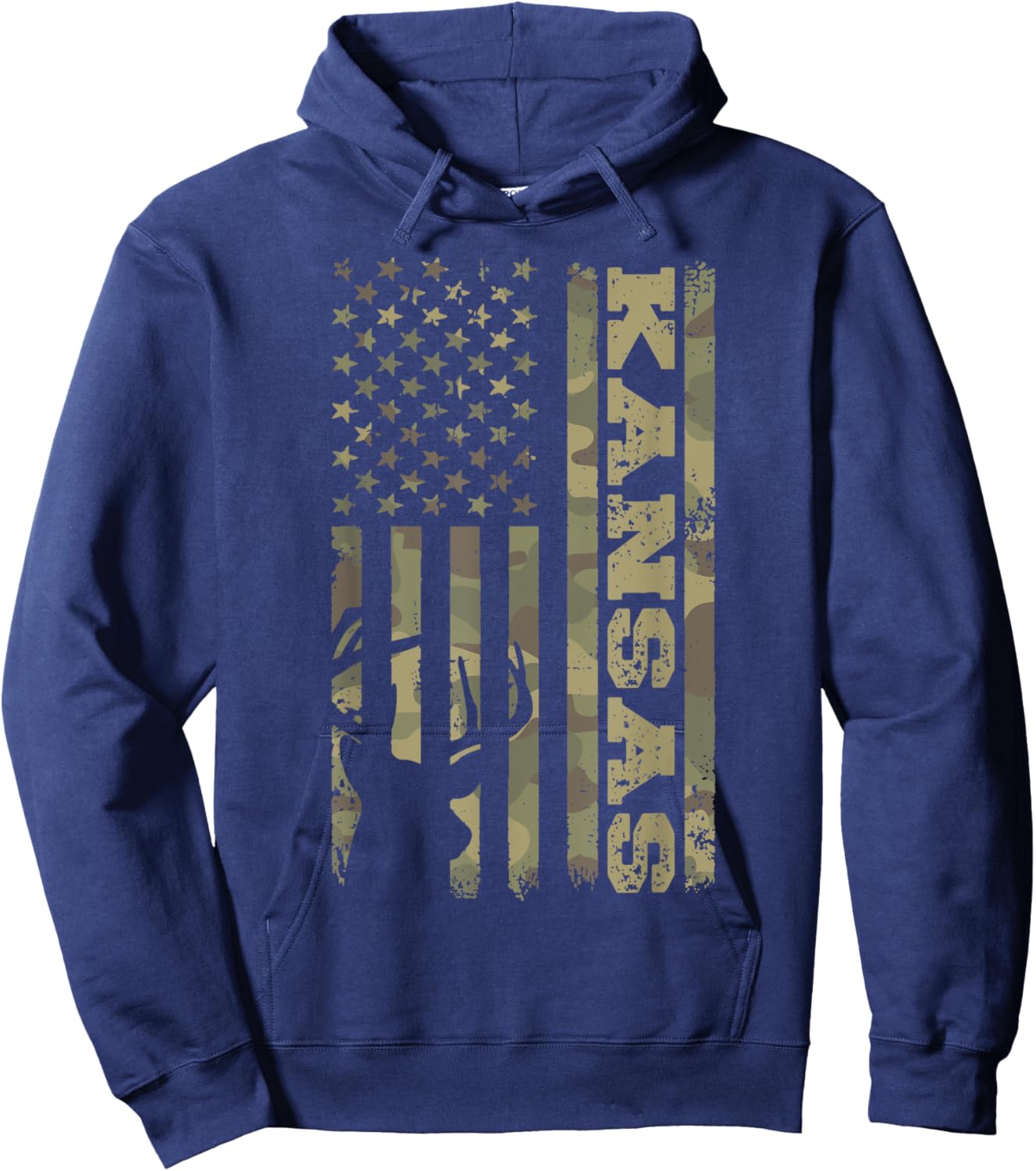 Kansas Deer Hunter Vintage Deer Hunting Camo USA Flag Hoodie - Hoodie | Navy