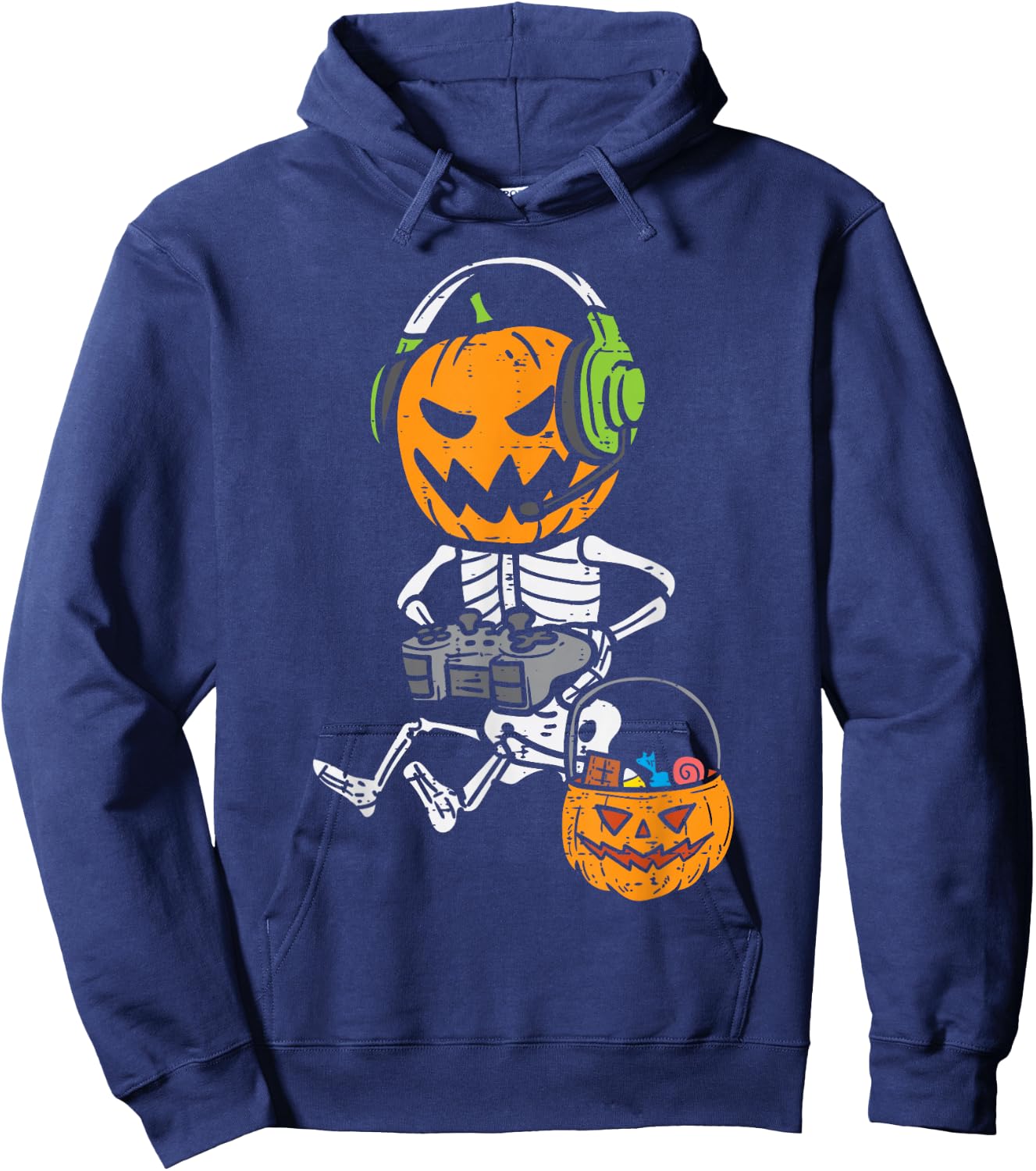Gamer Pumpkin Skeleton Funny Halloween Gaming Boys Men Kids Hoodie - Hoodie | Navy