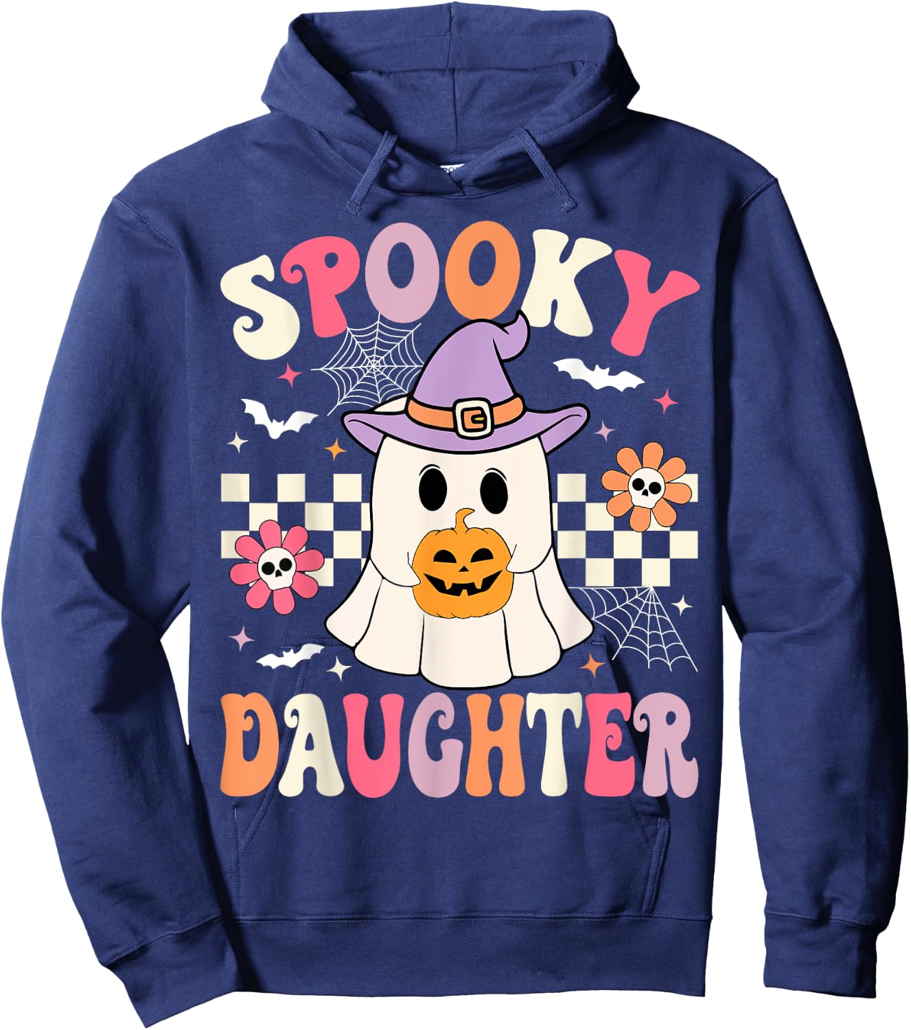Groovy Spooky Daughter Retro Ghost Holding Pumpkin Halloween Hoodie - Hoodie | Navy