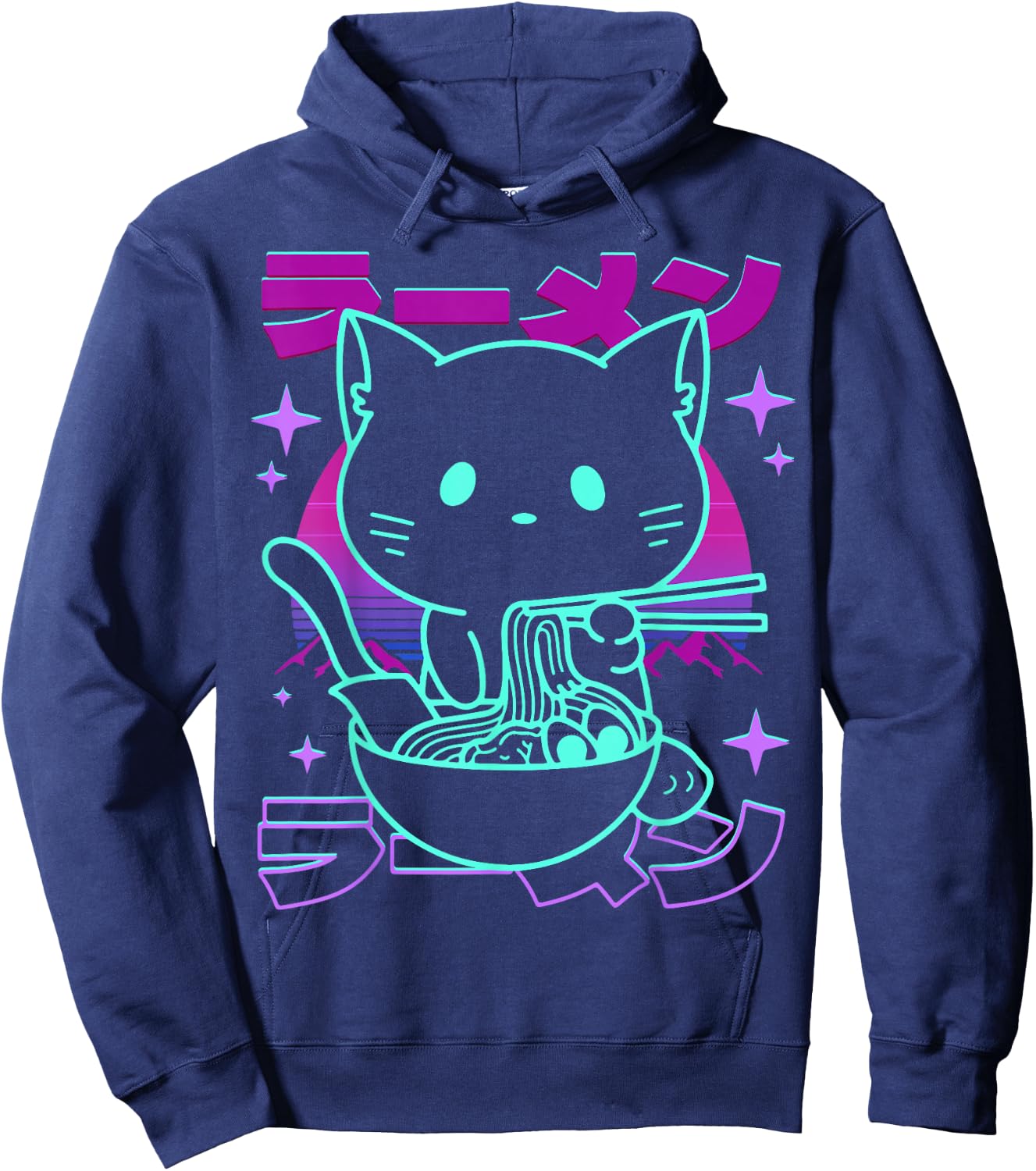 Anime Ramen Cat Retro Japanese Noodles Aesthetic Kawaii cat Hoodie - Hoodie | Navy