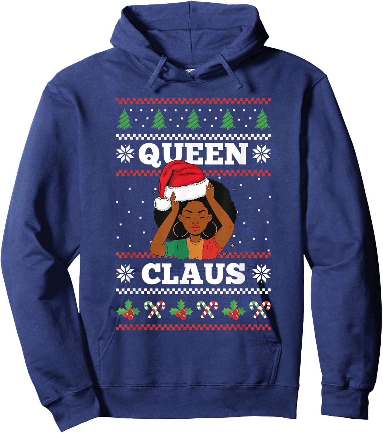 Queen Claus Afro African American Santa Women Ugly Christmas Hoodie - Hoodie | Navy