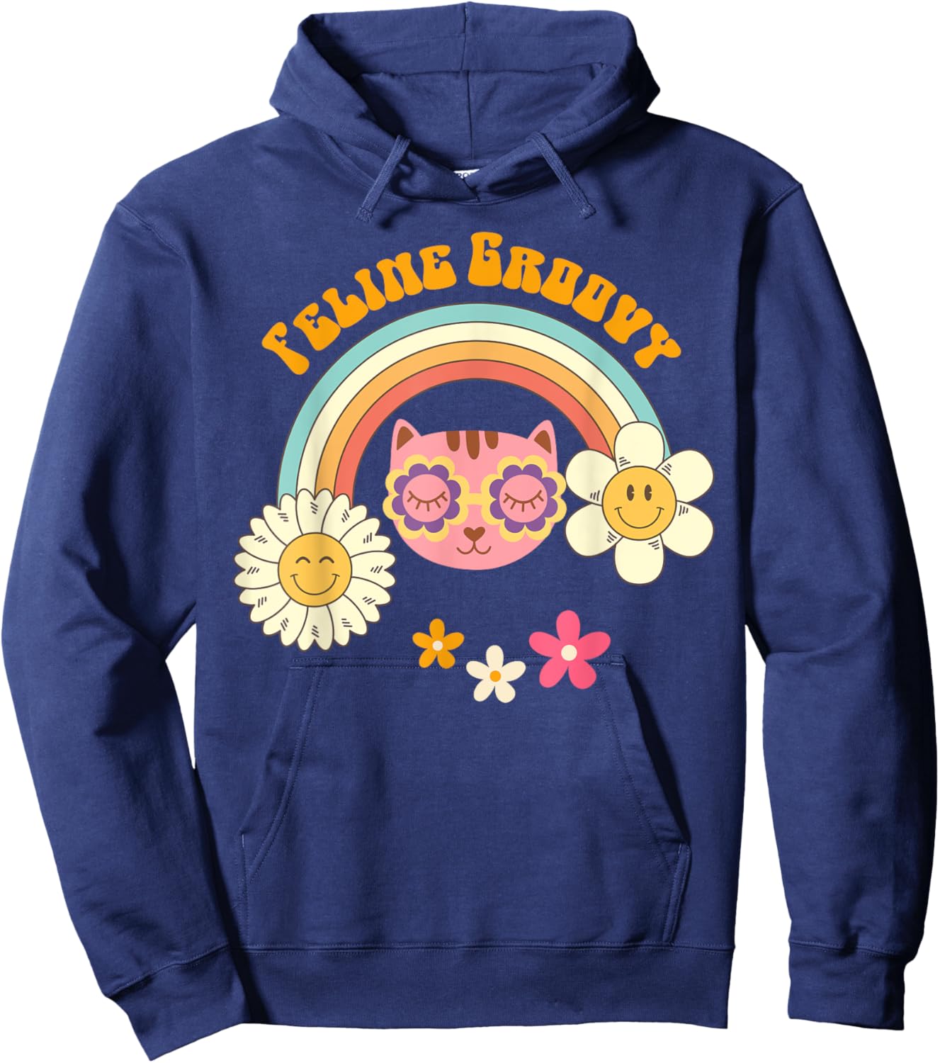 Retro Cat 70's Style: Feline Groovy Rainbow Cat Mom Shirt Women Hoodie - Hoodie | Navy