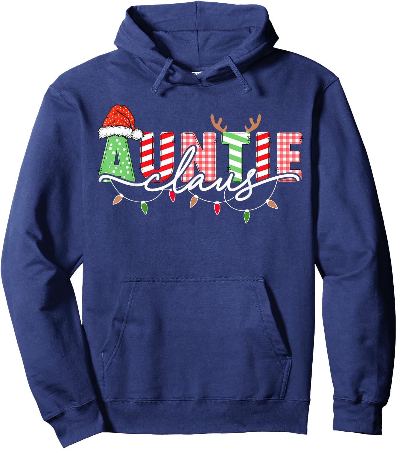 Auntie Claus Xmas Christmas Lights Pajama Family Matching Hoodie - Hoodie | Navy