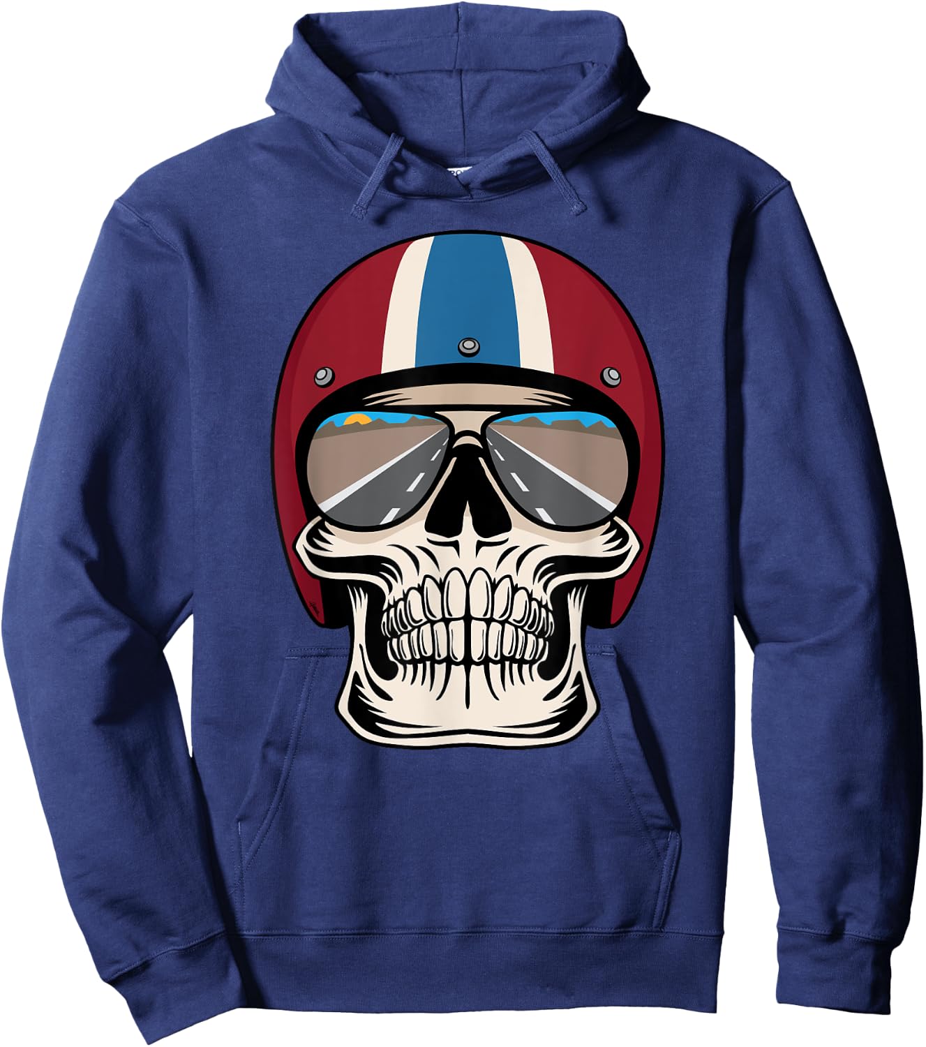 Retro Skull wearing Motorcycle Helmet and Sunglasses Design Hoodie - Hoodie | Navy