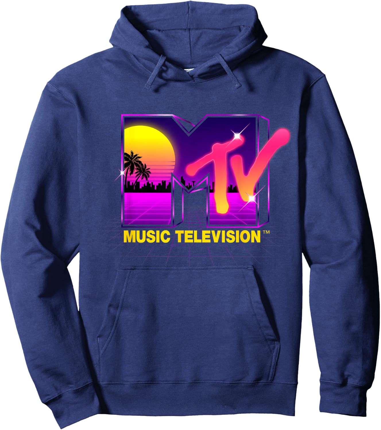 Mademark x MTV - MTV Retrowave Sunset Synthwave Cyberpunk Vaporwave 80s MTV Hoodie - Hoodie | Navy