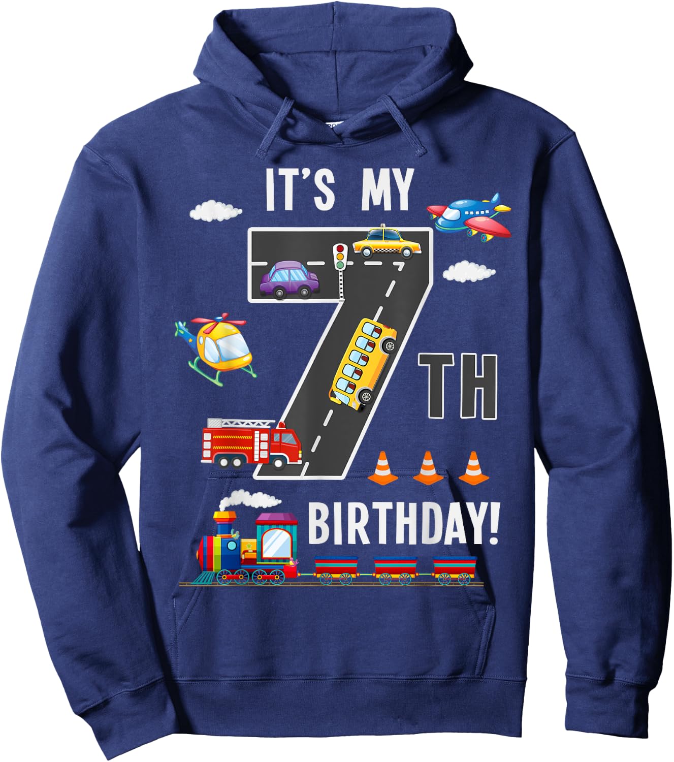 Its My 7th Birthday Boy 7 Bday Train Car Fire Truck Airplane Hoodie - Hoodie | Navy