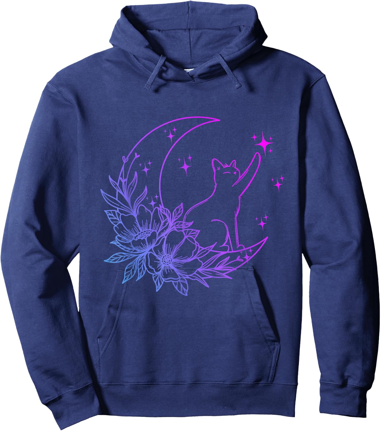 Cat Sitting On Crescent Moon Flowers Stars Women Girls Kids Hoodie - Hoodie | Navy