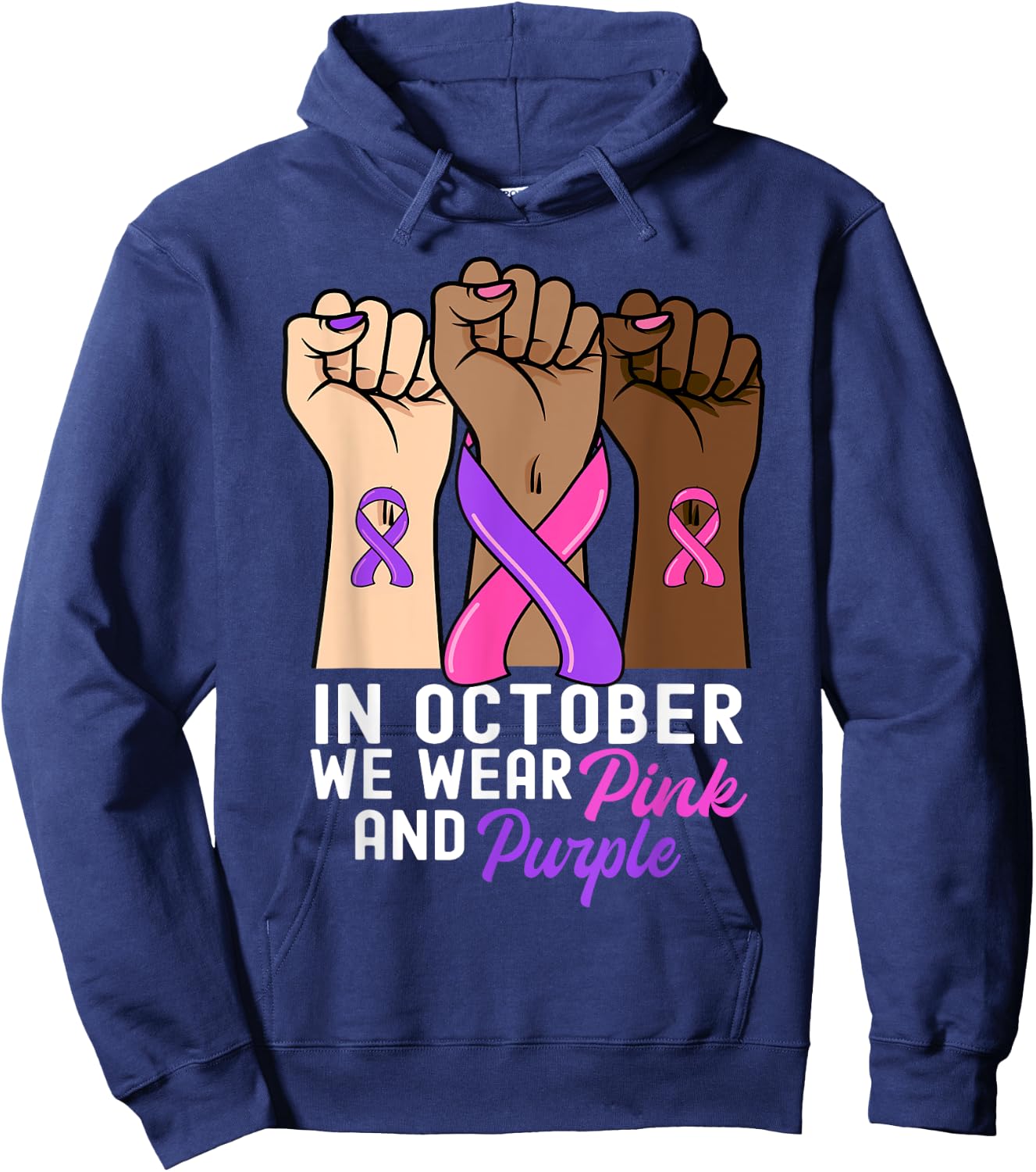 Breast Cancer Domestic Violence Awareness Pink Purple Ribbon Hoodie - Hoodie | Navy