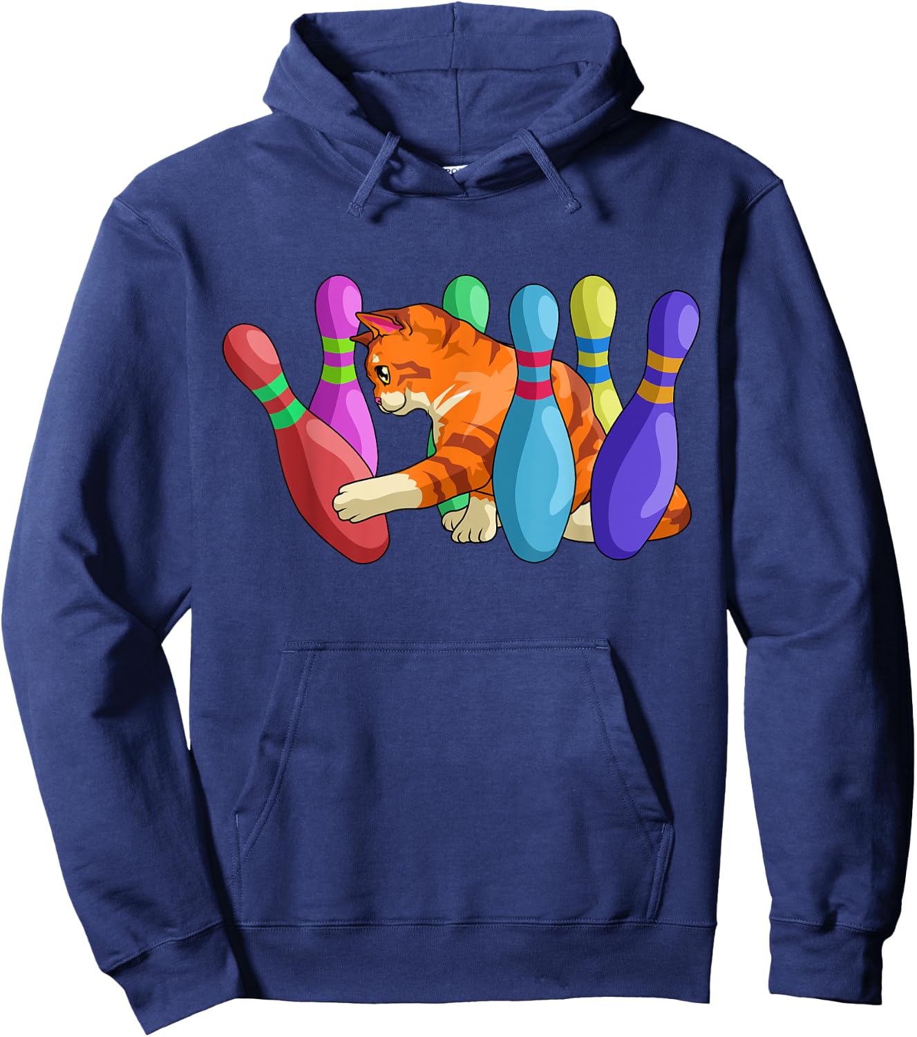 Cute Cat Knocking Over Bowling Pins Kitty Bowlers Cat Lovers Men Women Girls Kids Hoodie - Hoodie | Navy