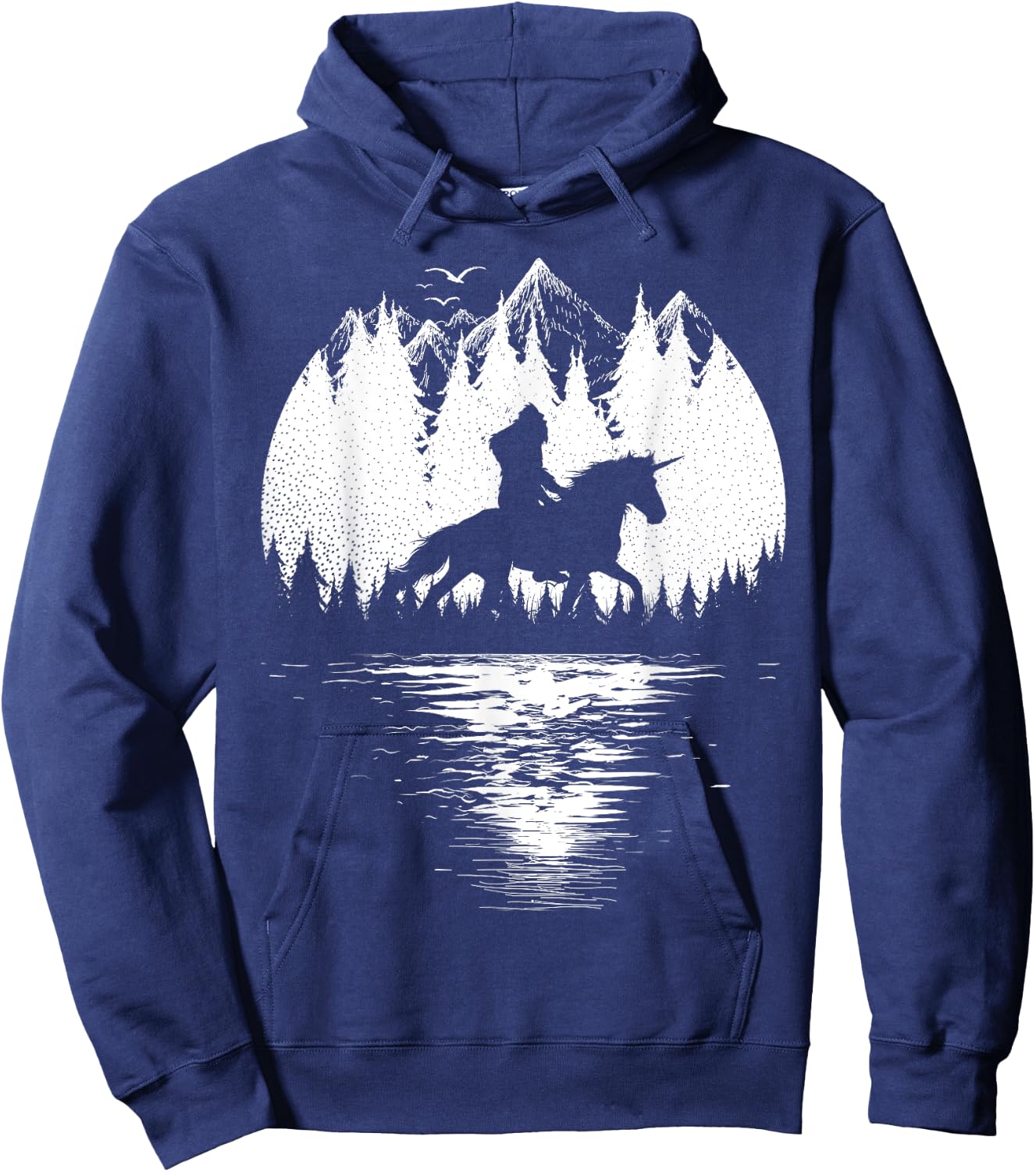 Bigfoot Riding Unicorn amidst Trees! Funny Sasquatch Unicorn Hoodie - Hoodie | Navy