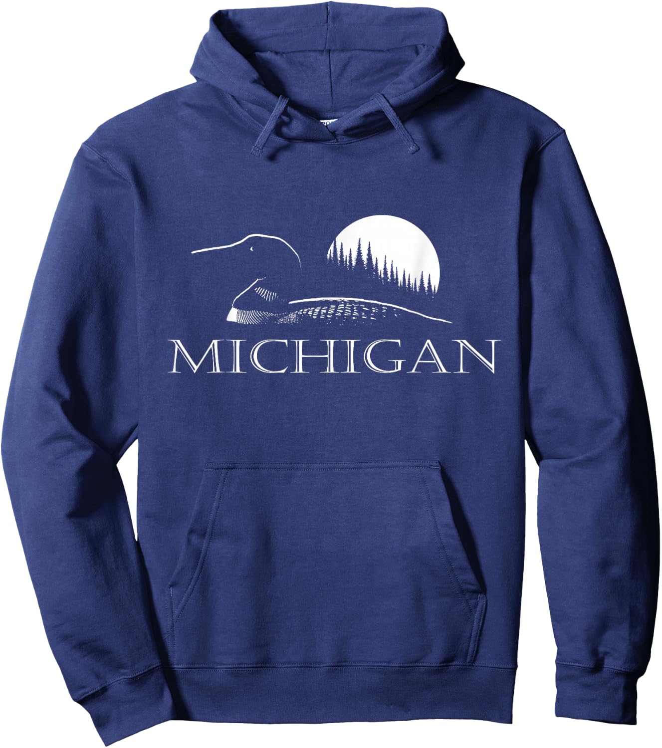 Michigan - Loon and Trees in Moonlight Hoodie - Hoodie | Navy