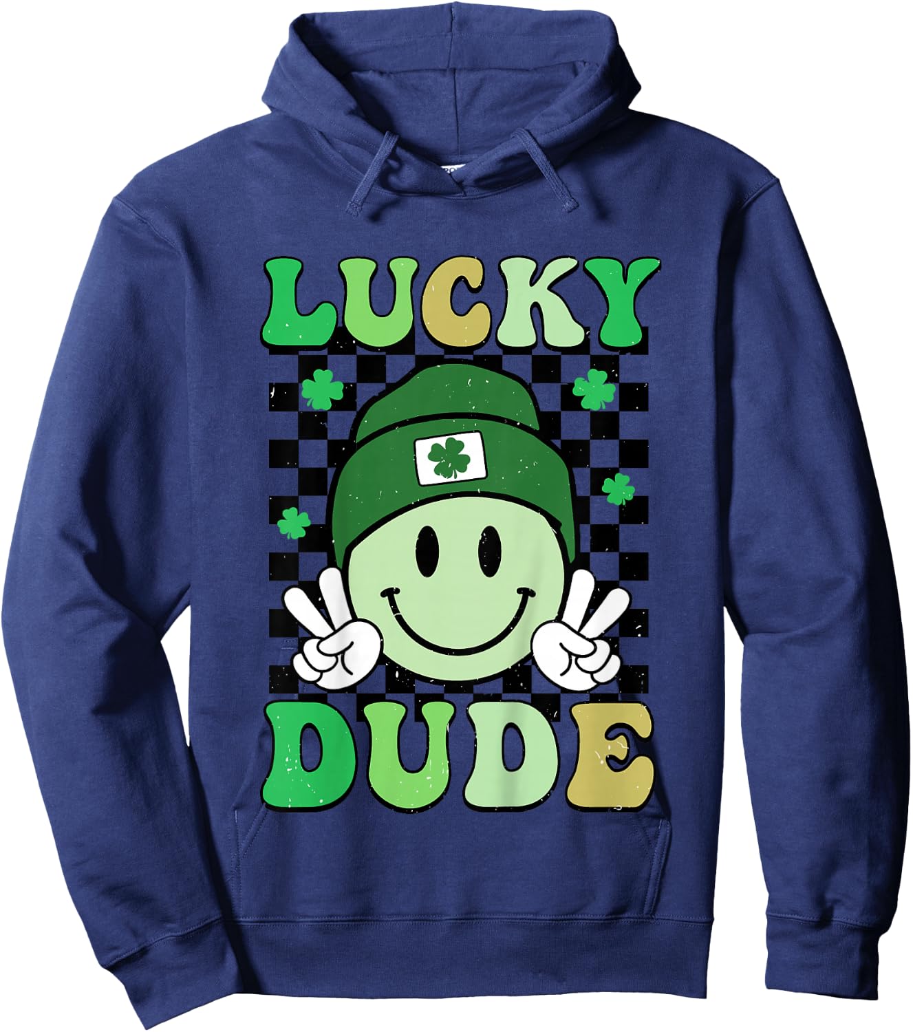 Kids Groovy Lucky Dude Shamrock Smile Boys Kids St. Patrick's Day Hoodie - Hoodie | Navy